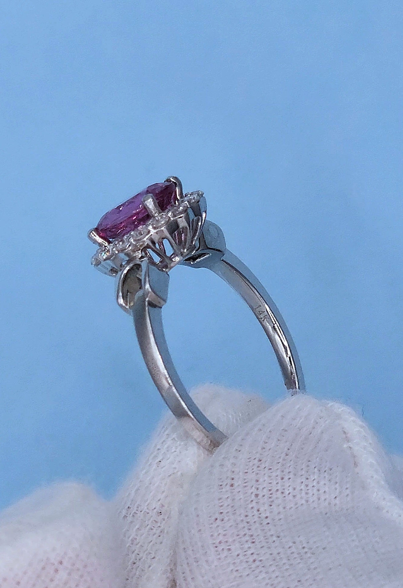 Elegant 14K White Gold Halo Ring with 1.57 CT Pink Sapphire & 0.29 CT Natural Diamond Accents