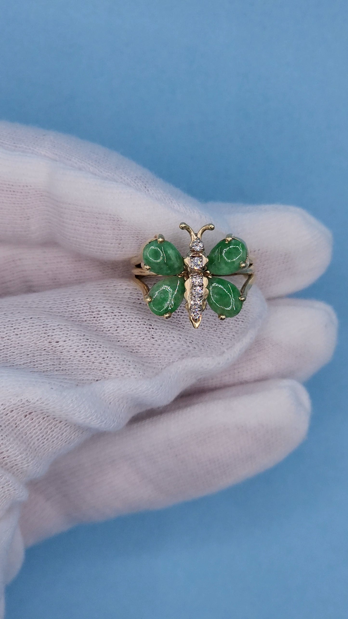 Vintage Jade and Diamond Butterfly Ring in 14k Yellow Gold