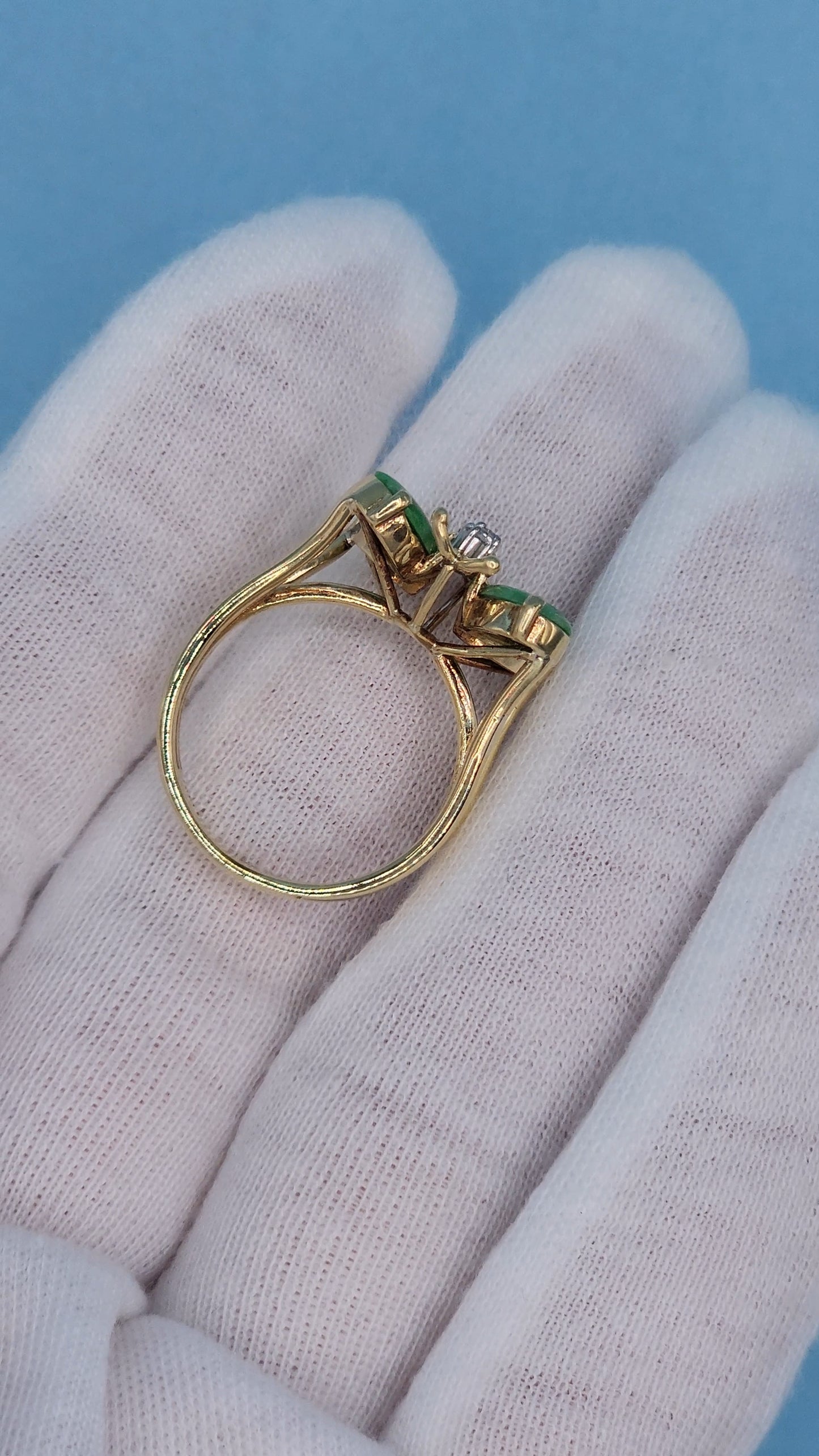 Vintage Jade and Diamond Butterfly Ring in 14k Yellow Gold