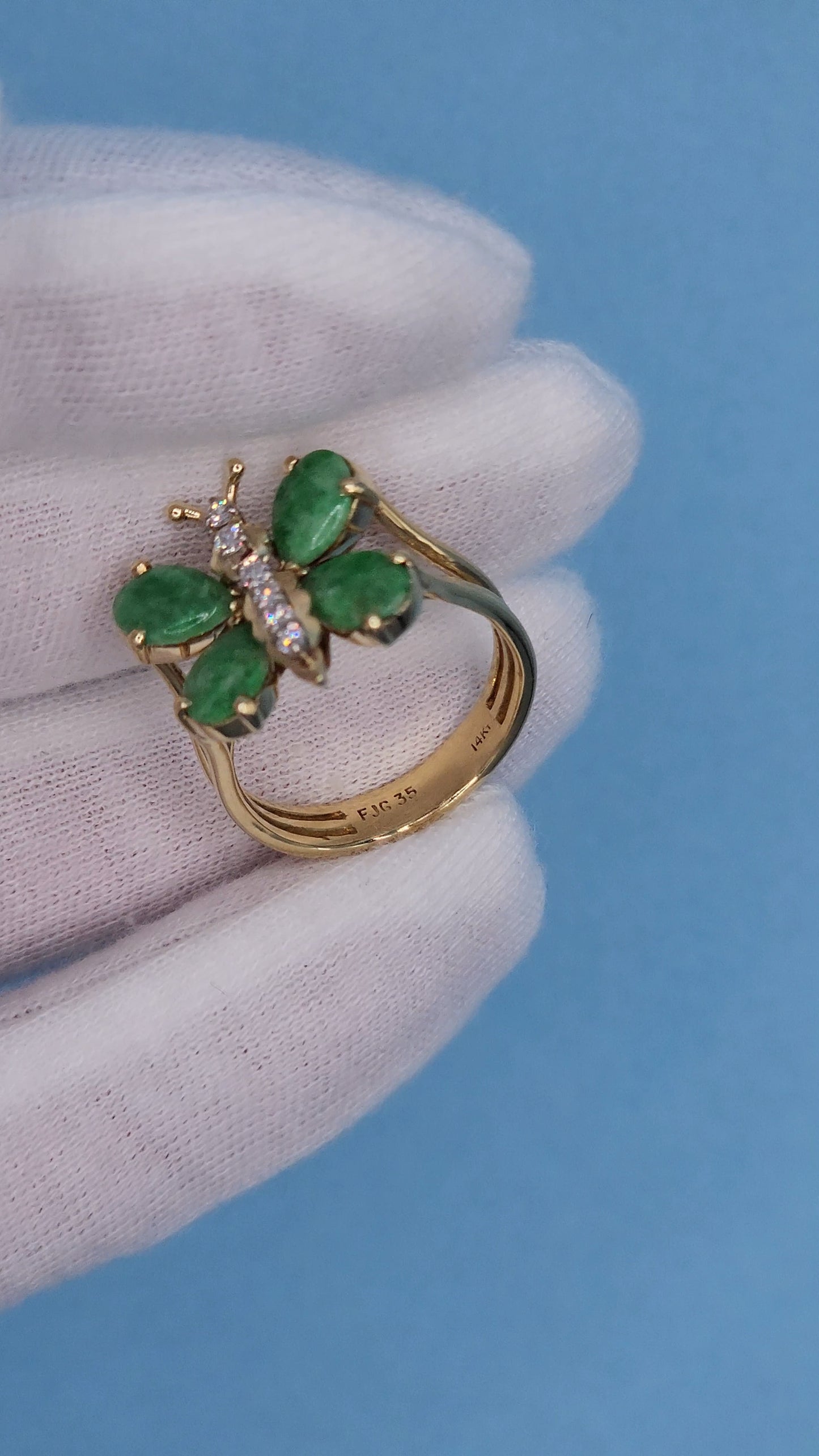 Vintage Jade and Diamond Butterfly Ring in 14k Yellow Gold