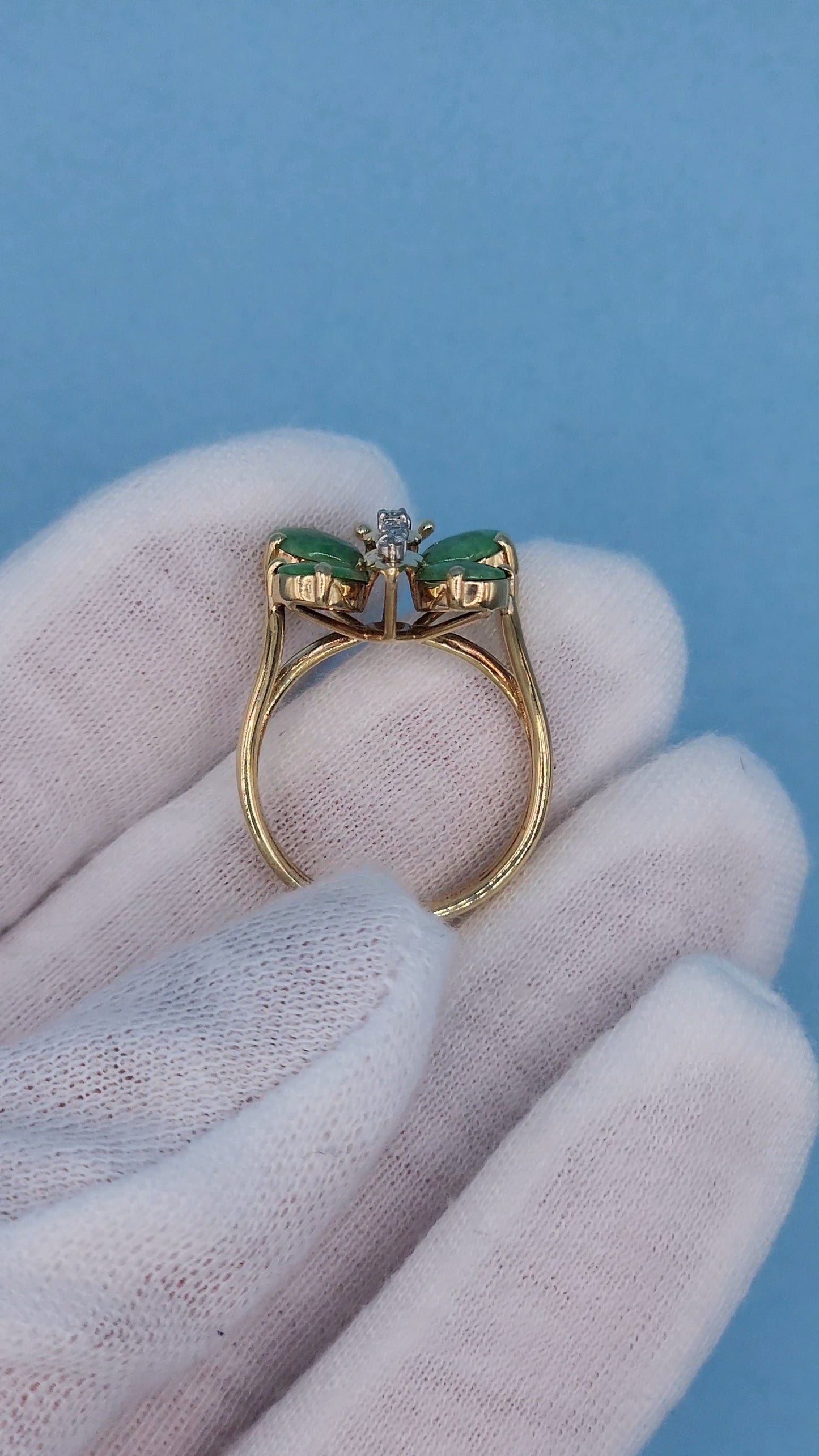 Vintage Jade and Diamond Butterfly Ring in 14k Yellow Gold