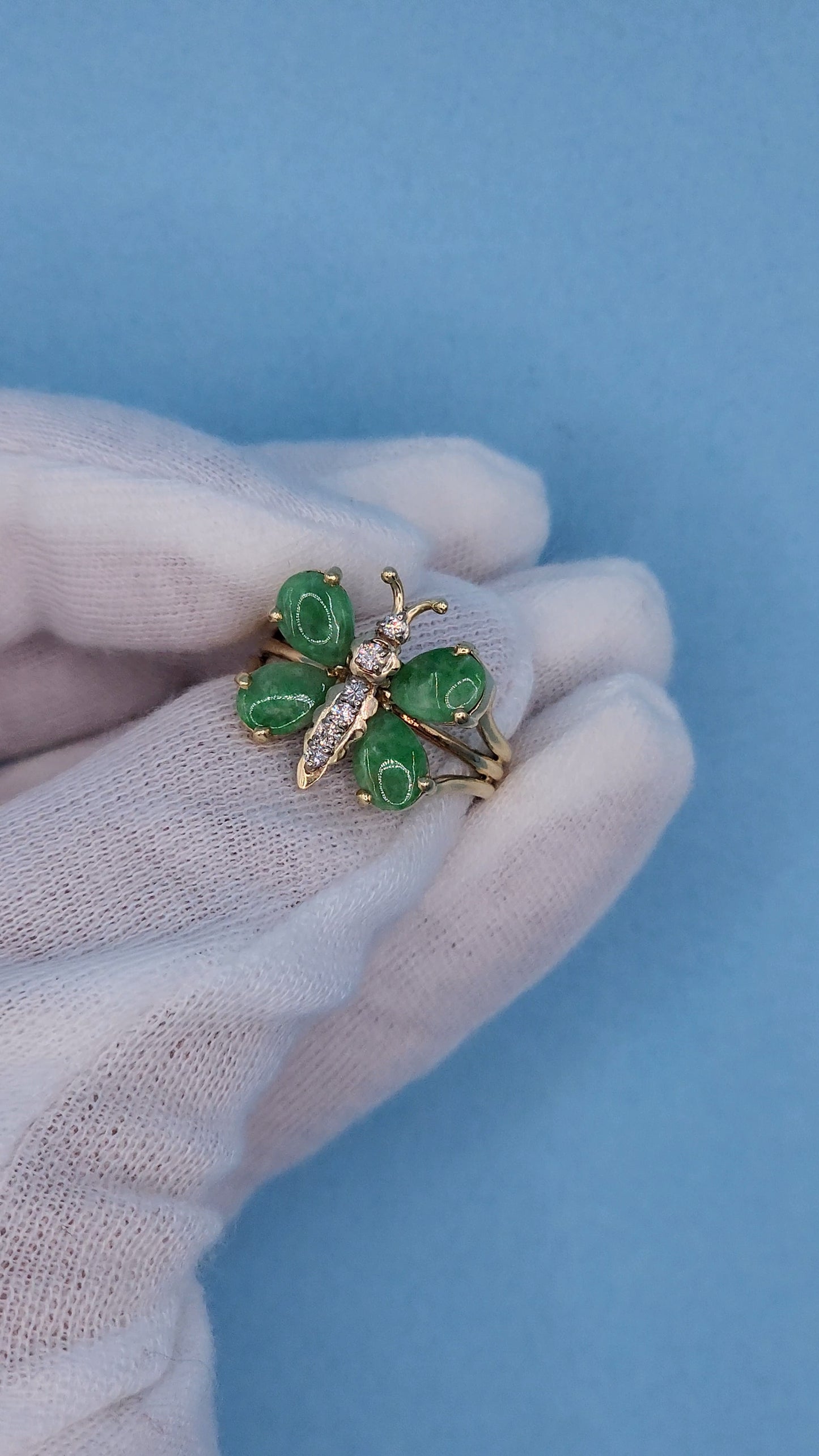 Vintage Jade and Diamond Butterfly Ring in 14k Yellow Gold