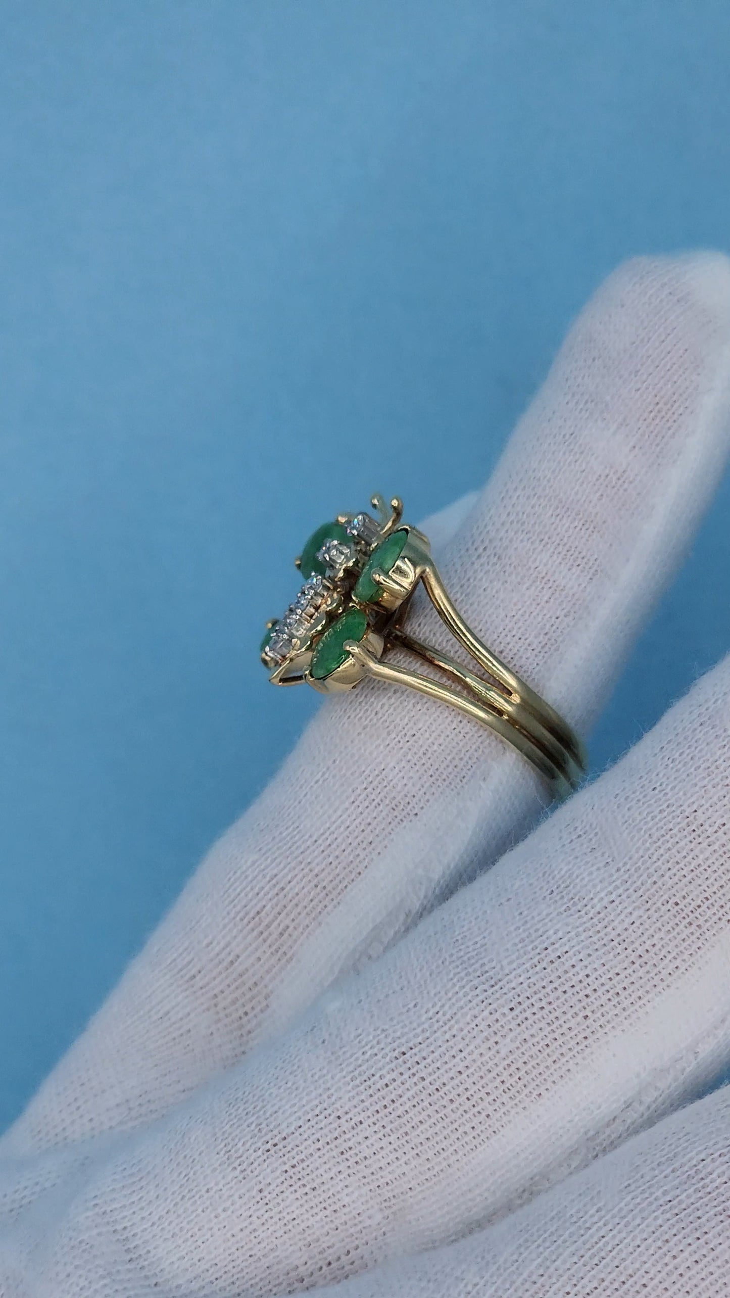 Vintage Jade and Diamond Butterfly Ring in 14k Yellow Gold