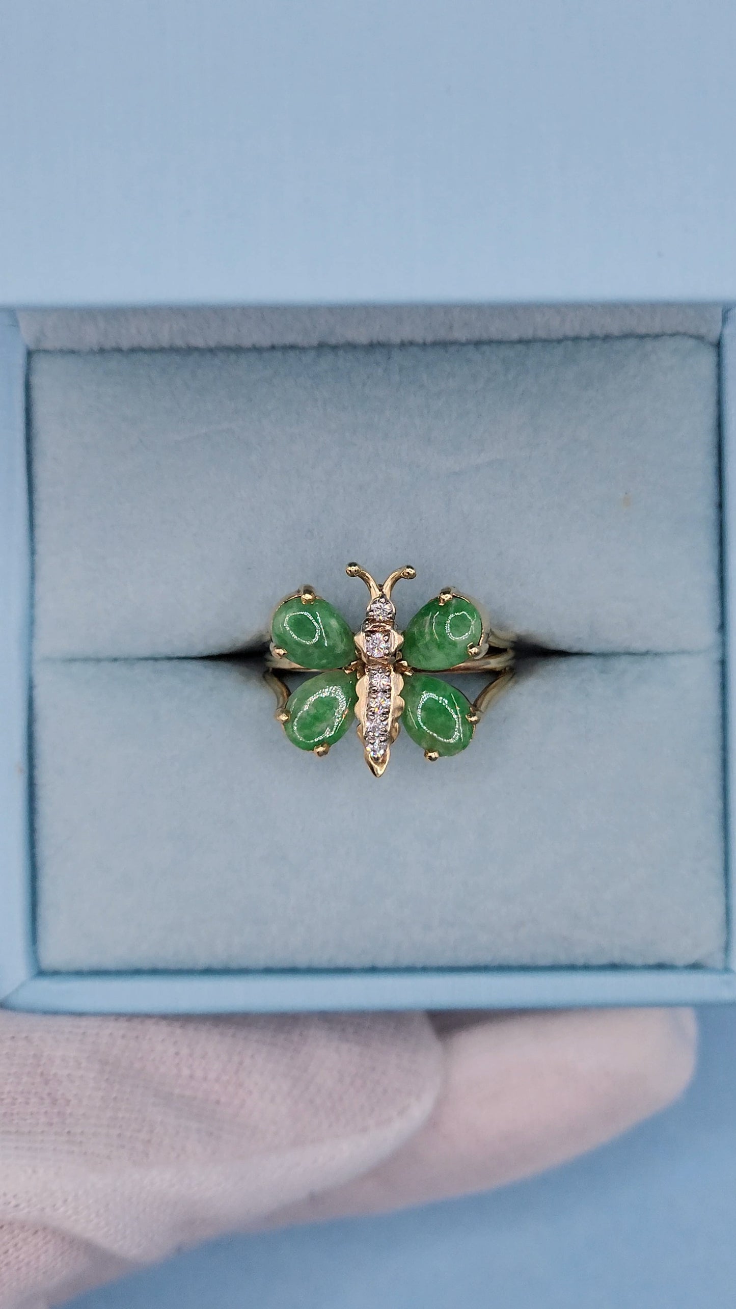 Vintage Jade and Diamond Butterfly Ring in 14k Yellow Gold