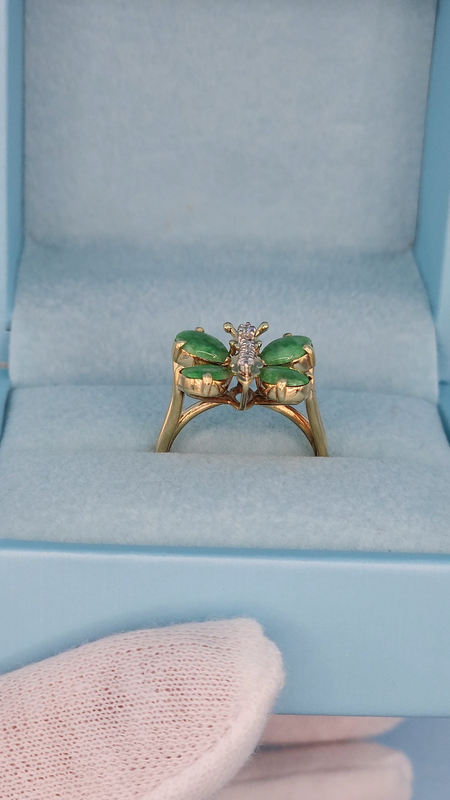 Vintage Jade and Diamond Butterfly Ring in 14k Yellow Gold