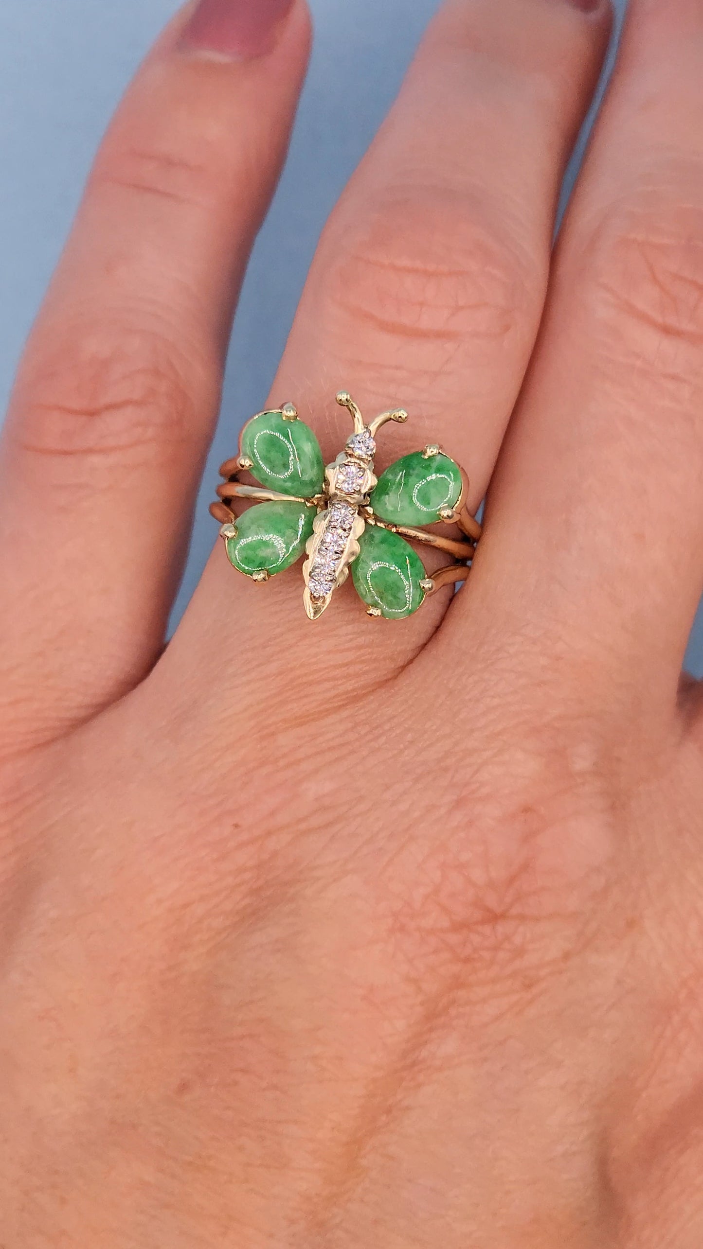 Vintage Jade and Diamond Butterfly Ring in 14k Yellow Gold
