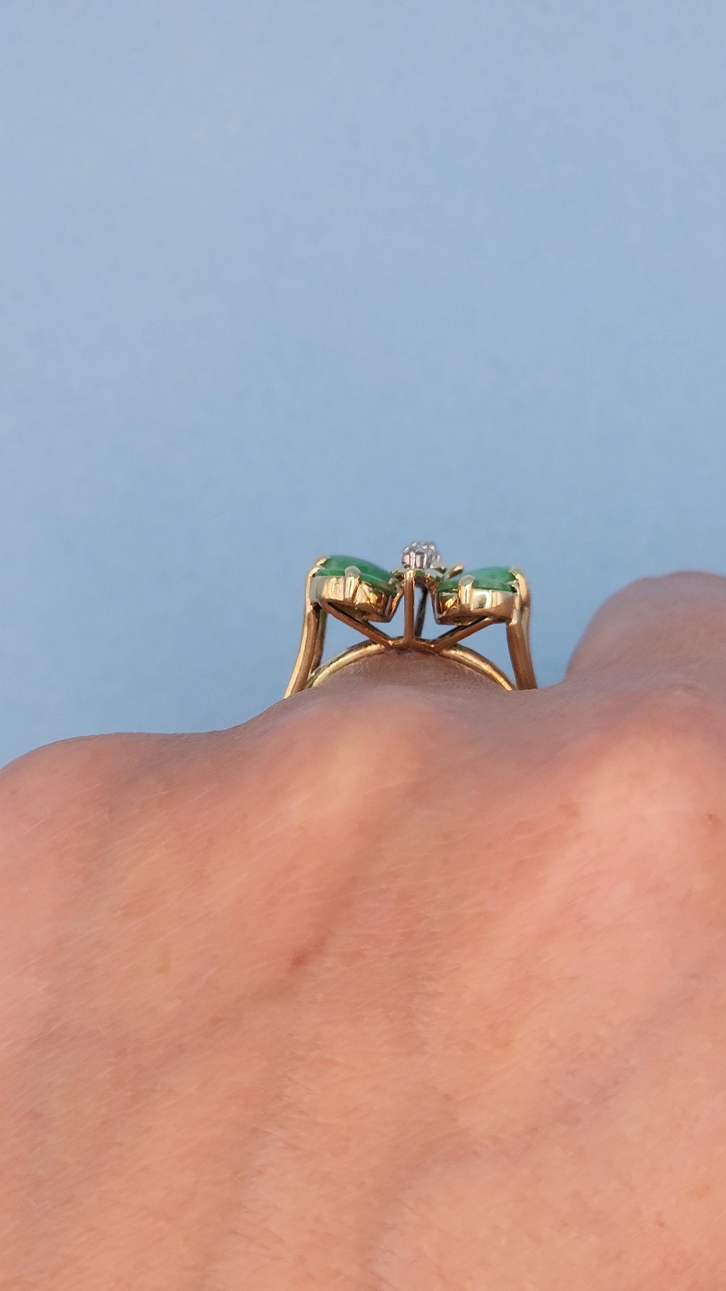 Vintage Jade and Diamond Butterfly Ring in 14k Yellow Gold