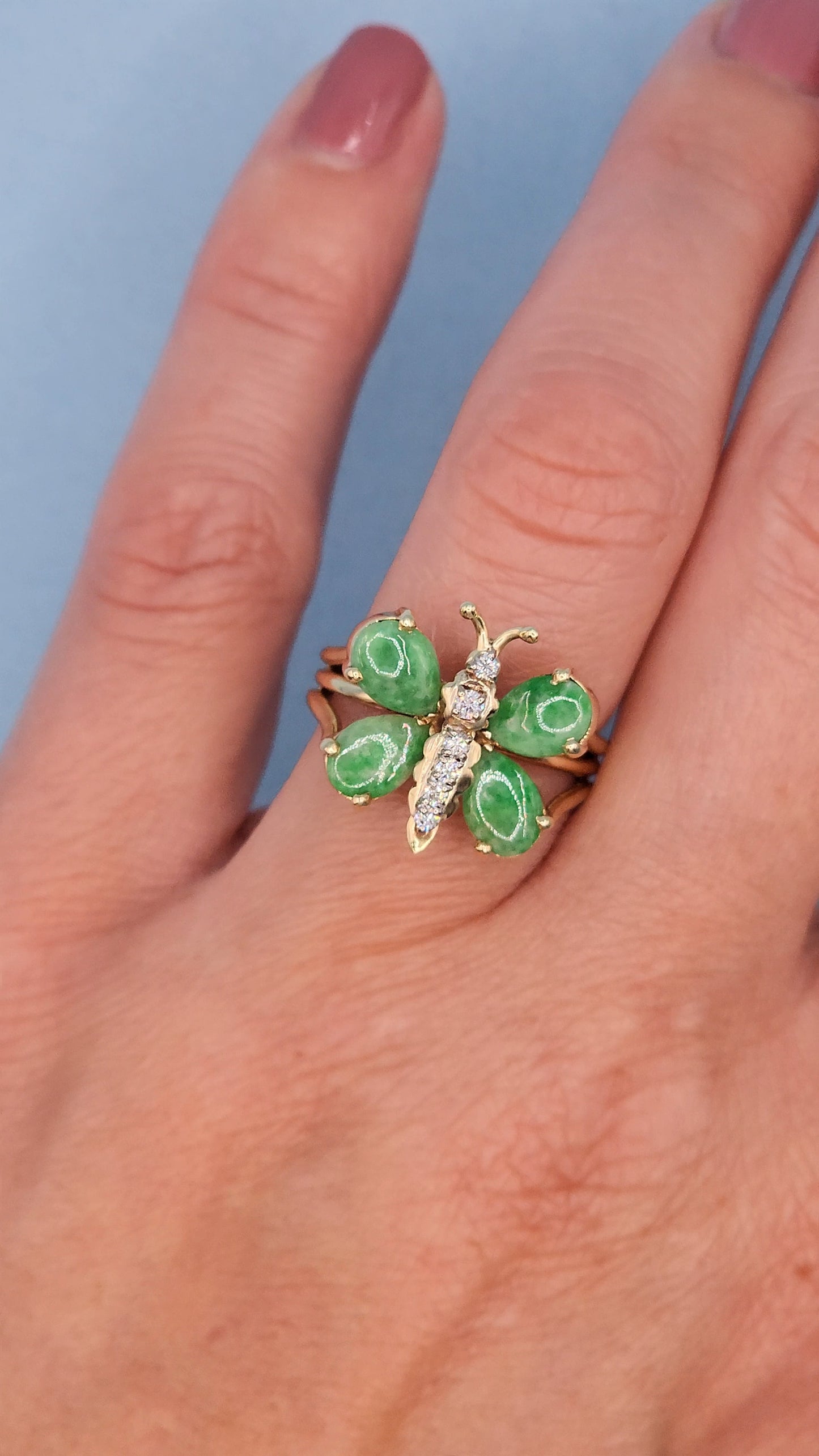 Vintage Jade and Diamond Butterfly Ring in 14k Yellow Gold