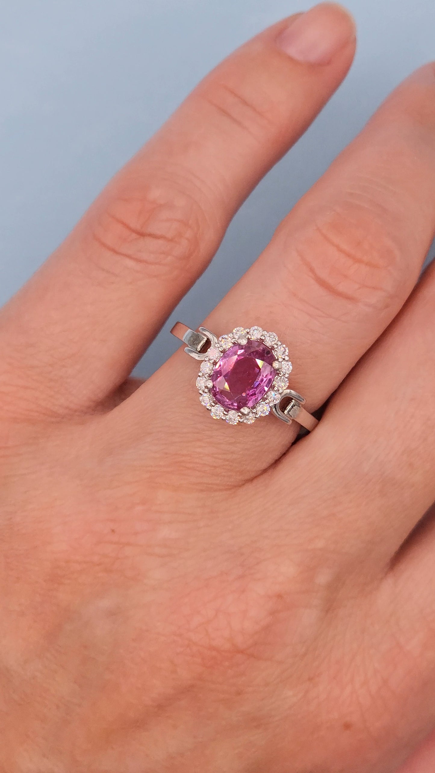 Elegant 14K White Gold Halo Ring with 1.57 CT Pink Sapphire & 0.29 CT Natural Diamond Accents