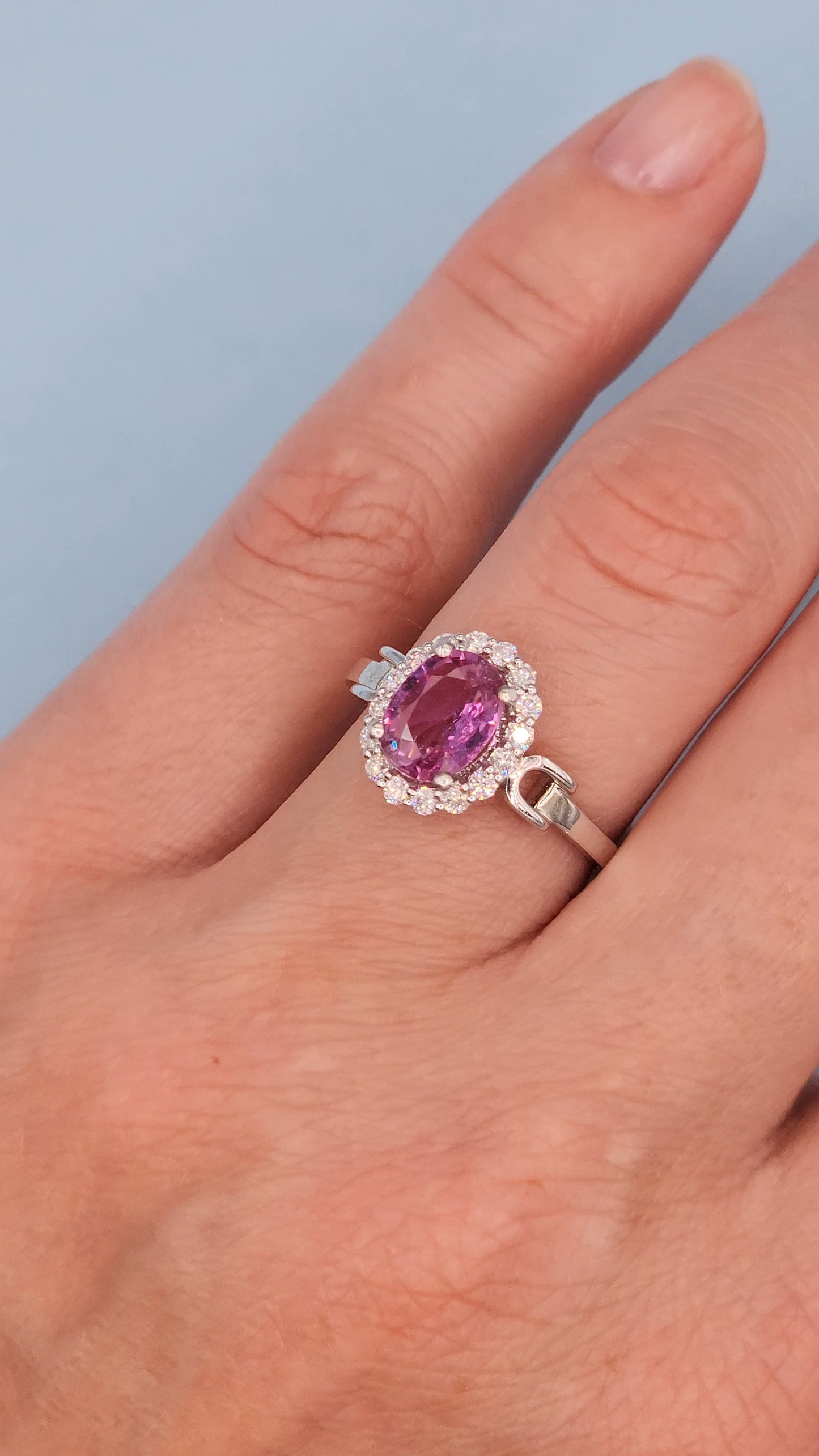 Elegant 14K White Gold Halo Ring with 1.57 CT Pink Sapphire & 0.29 CT Natural Diamond Accents