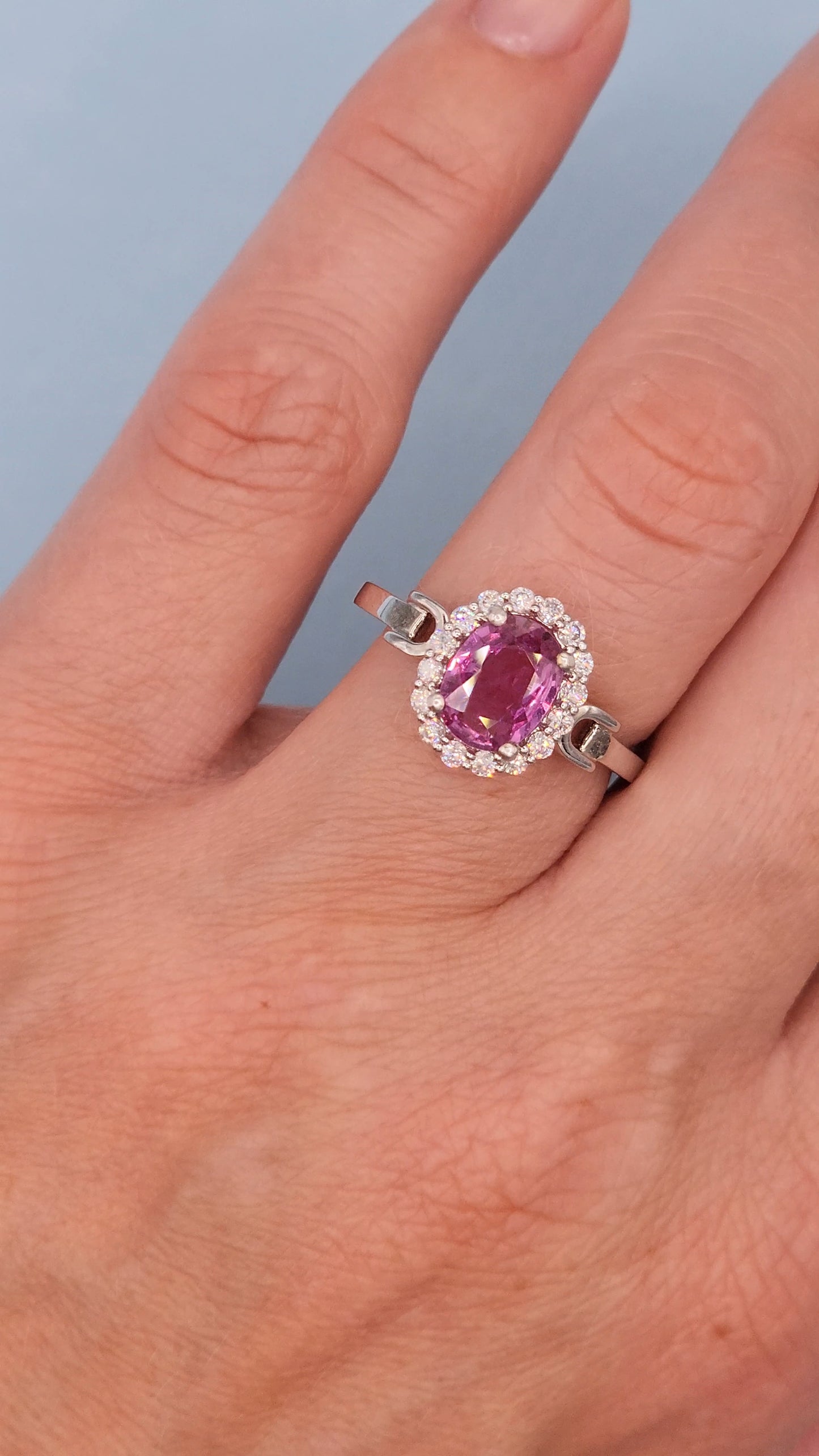 Elegant 14K White Gold Halo Ring with 1.57 CT Pink Sapphire & 0.29 CT Natural Diamond Accents