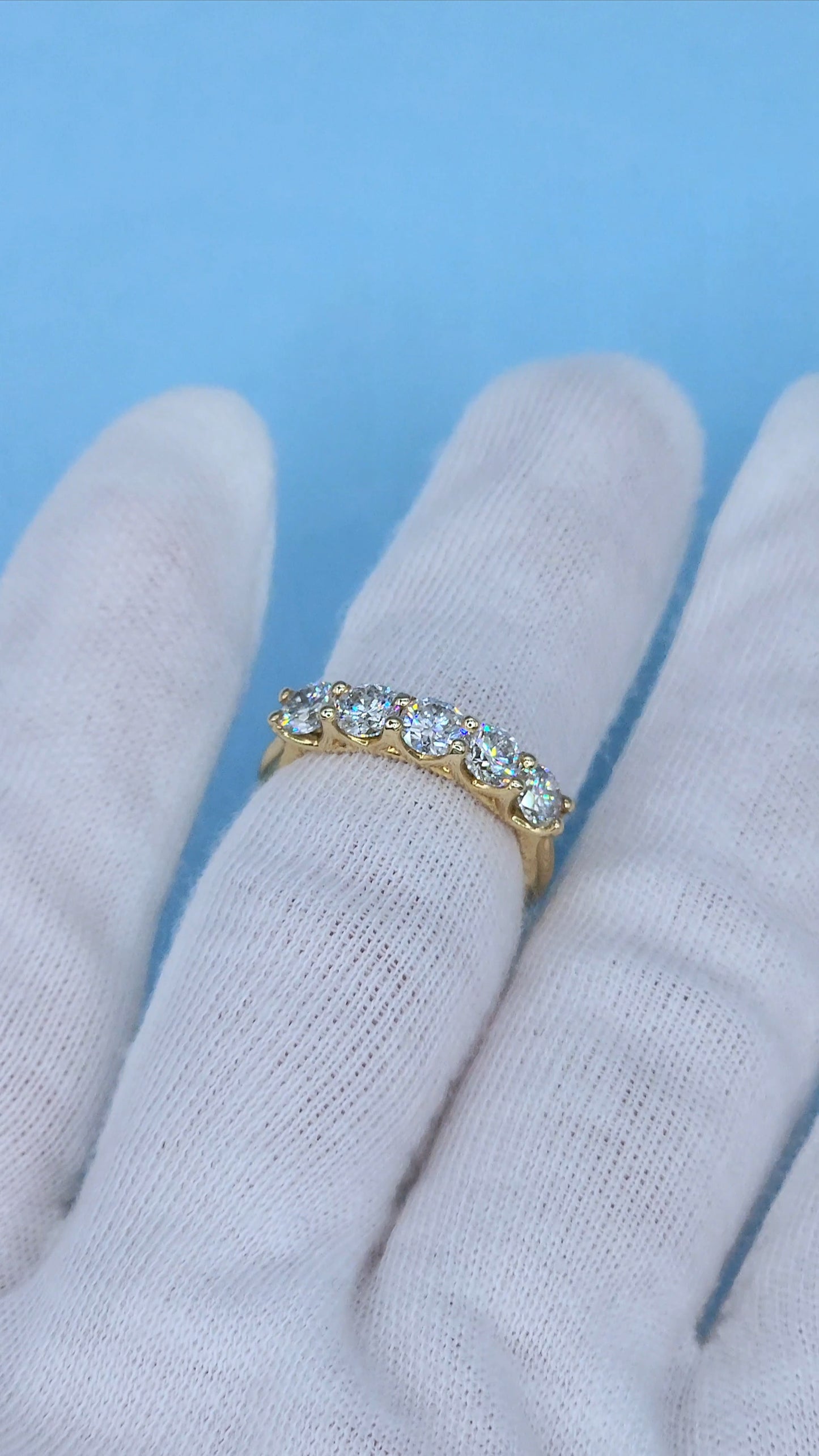 14K Yellow Gold 5 Diamond Band in Tulip Design Shared Prong Setting, 1.57 Carat Total Weight