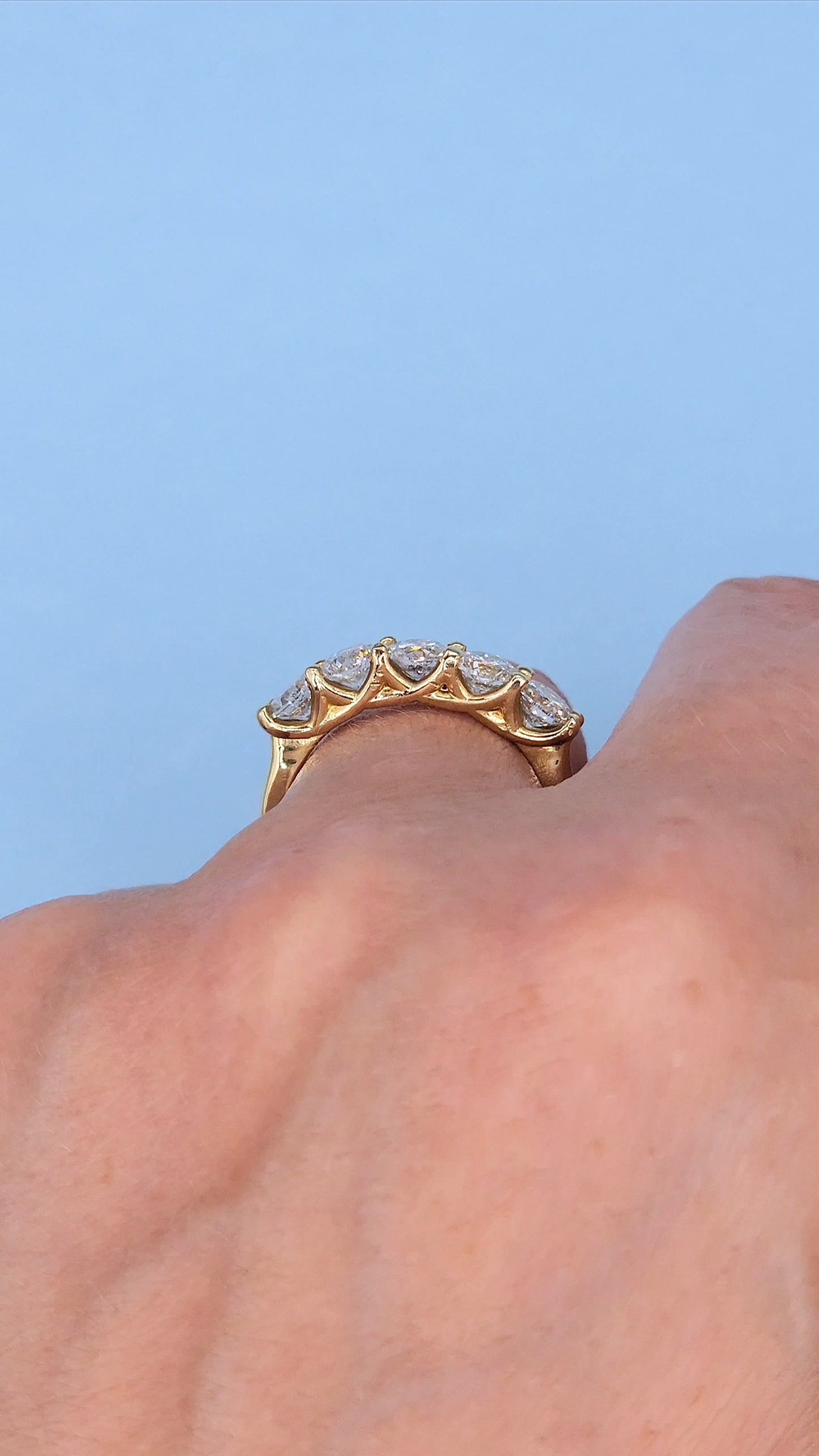 14K Yellow Gold 5 Diamond Band in Tulip Design Shared Prong Setting, 1.57 Carat Total Weight