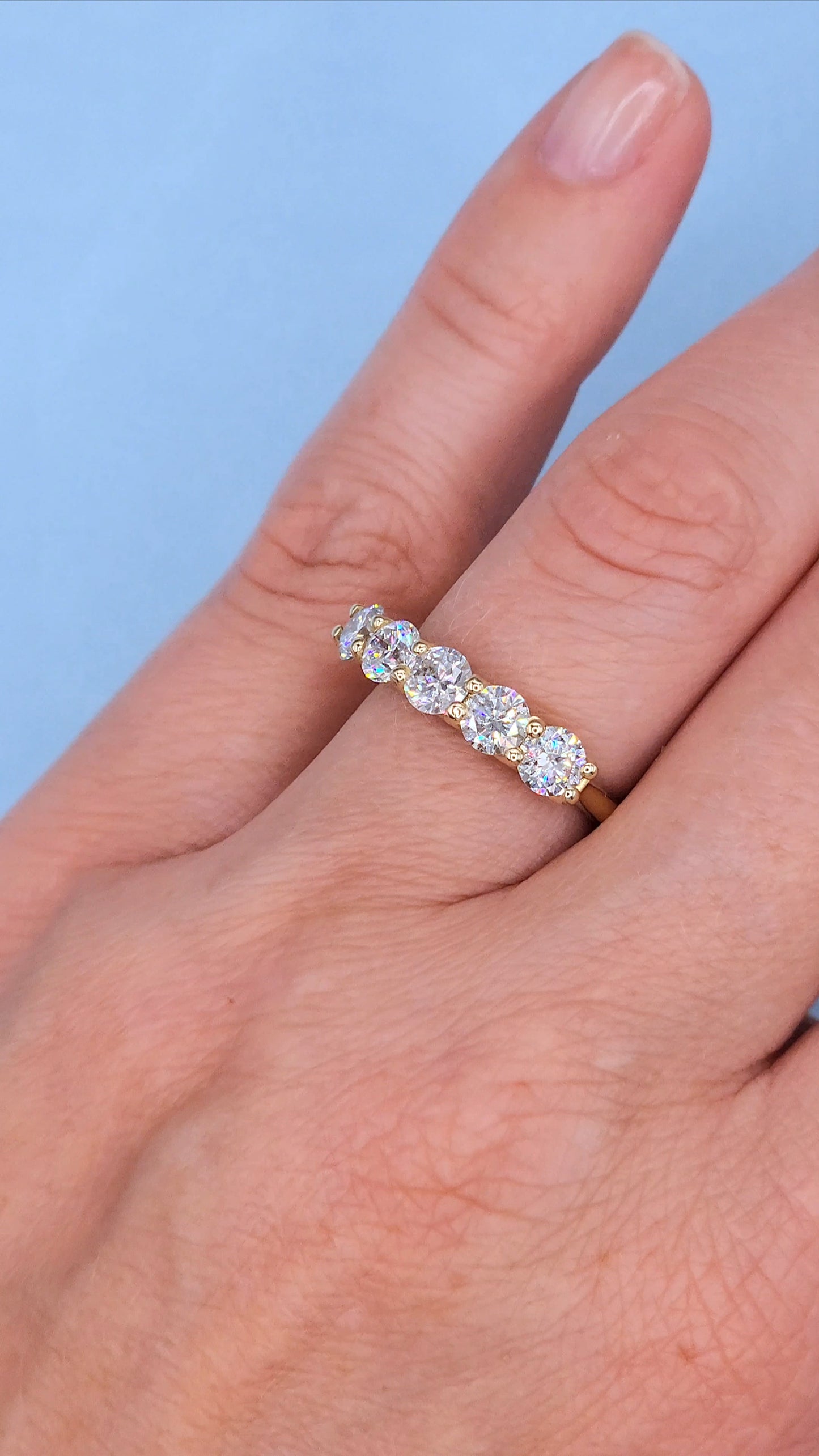 14K Yellow Gold 5 Diamond Band in Tulip Design Shared Prong Setting, 1.57 Carat Total Weight