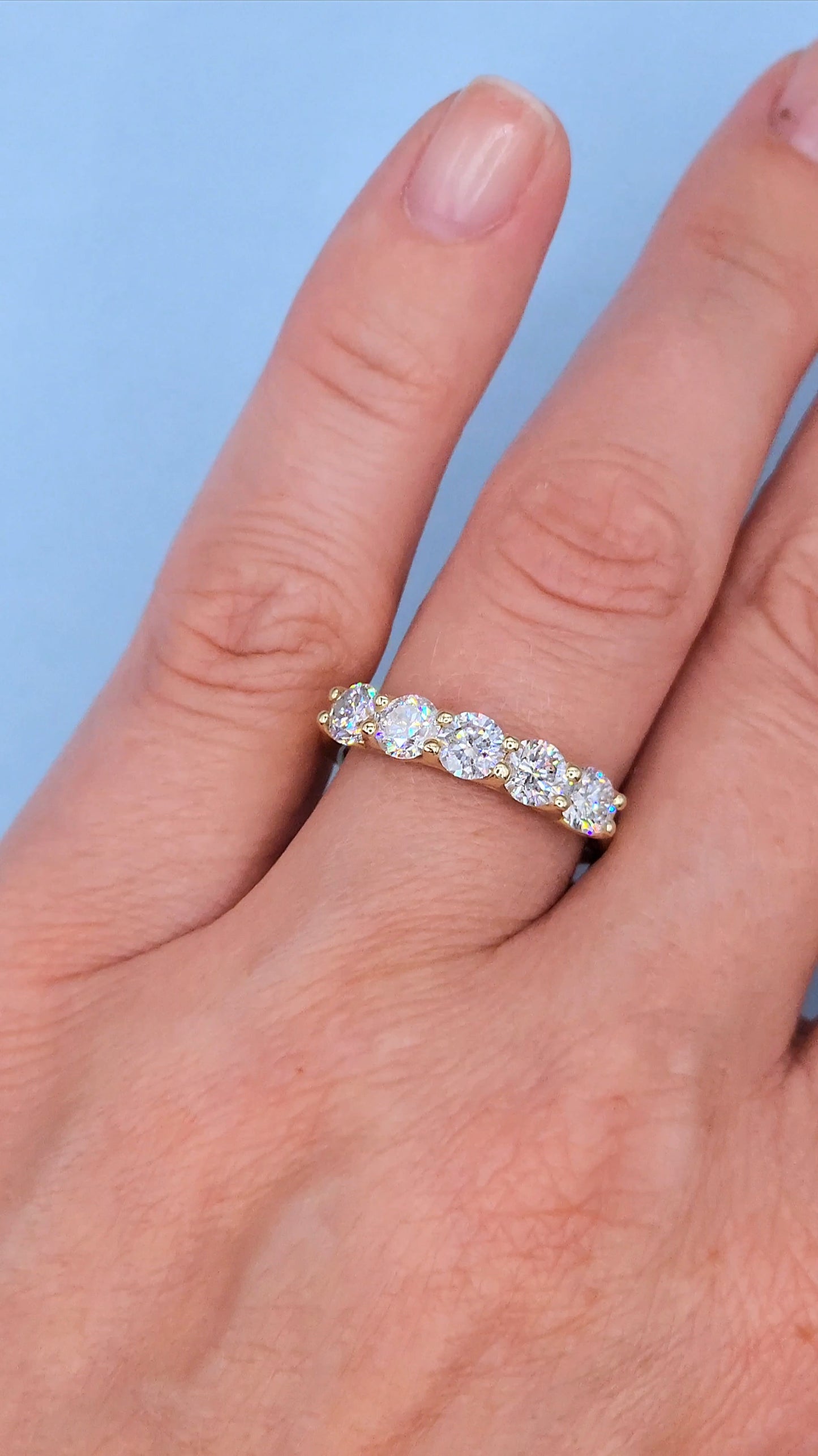 14K Yellow Gold 5 Diamond Band in Tulip Design Shared Prong Setting, 1.57 Carat Total Weight