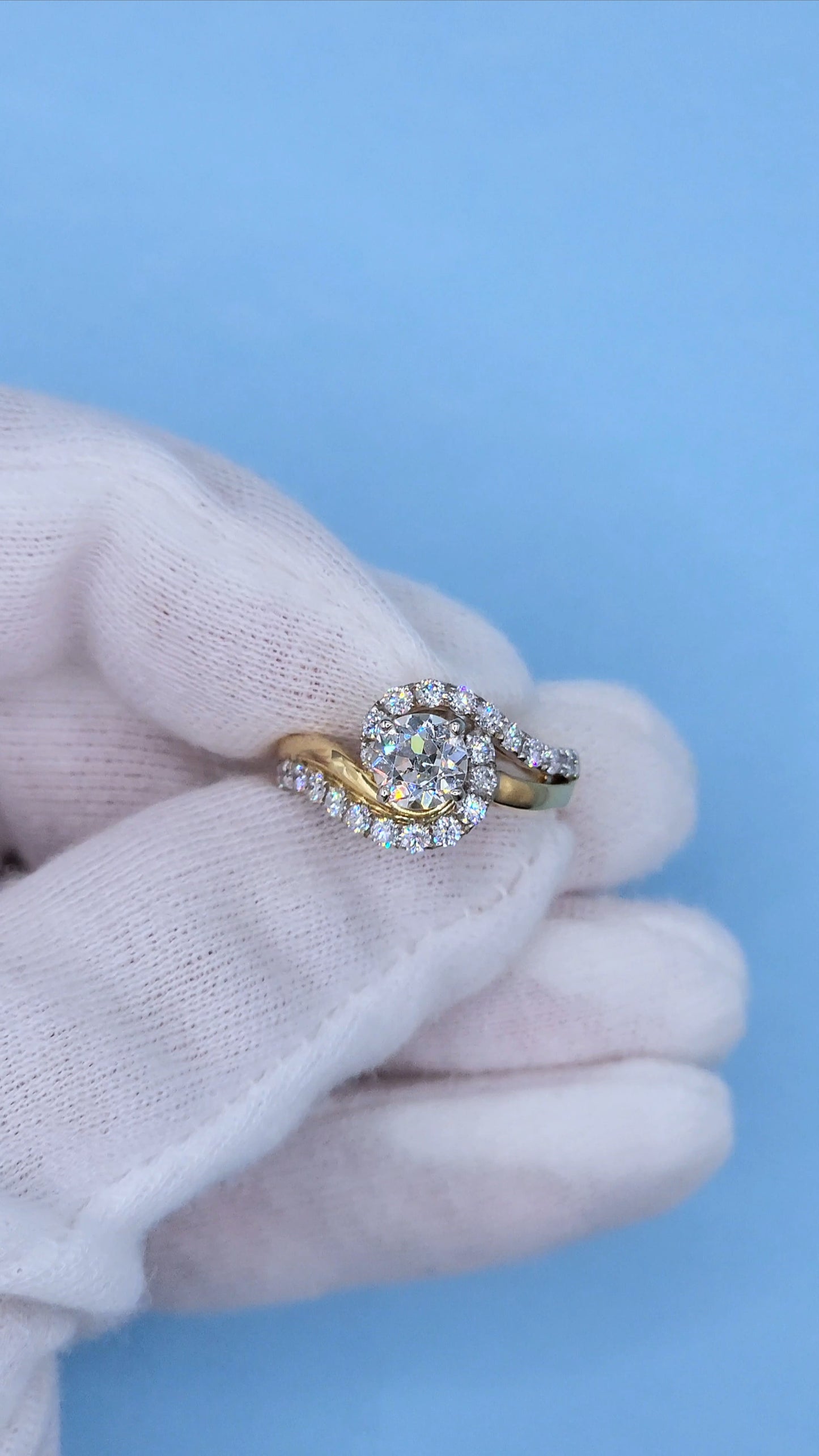 14k Two-Tone Gold Bypass Ring with 0.91 ct Old European Cut Diamond and Natural Diamond Accents