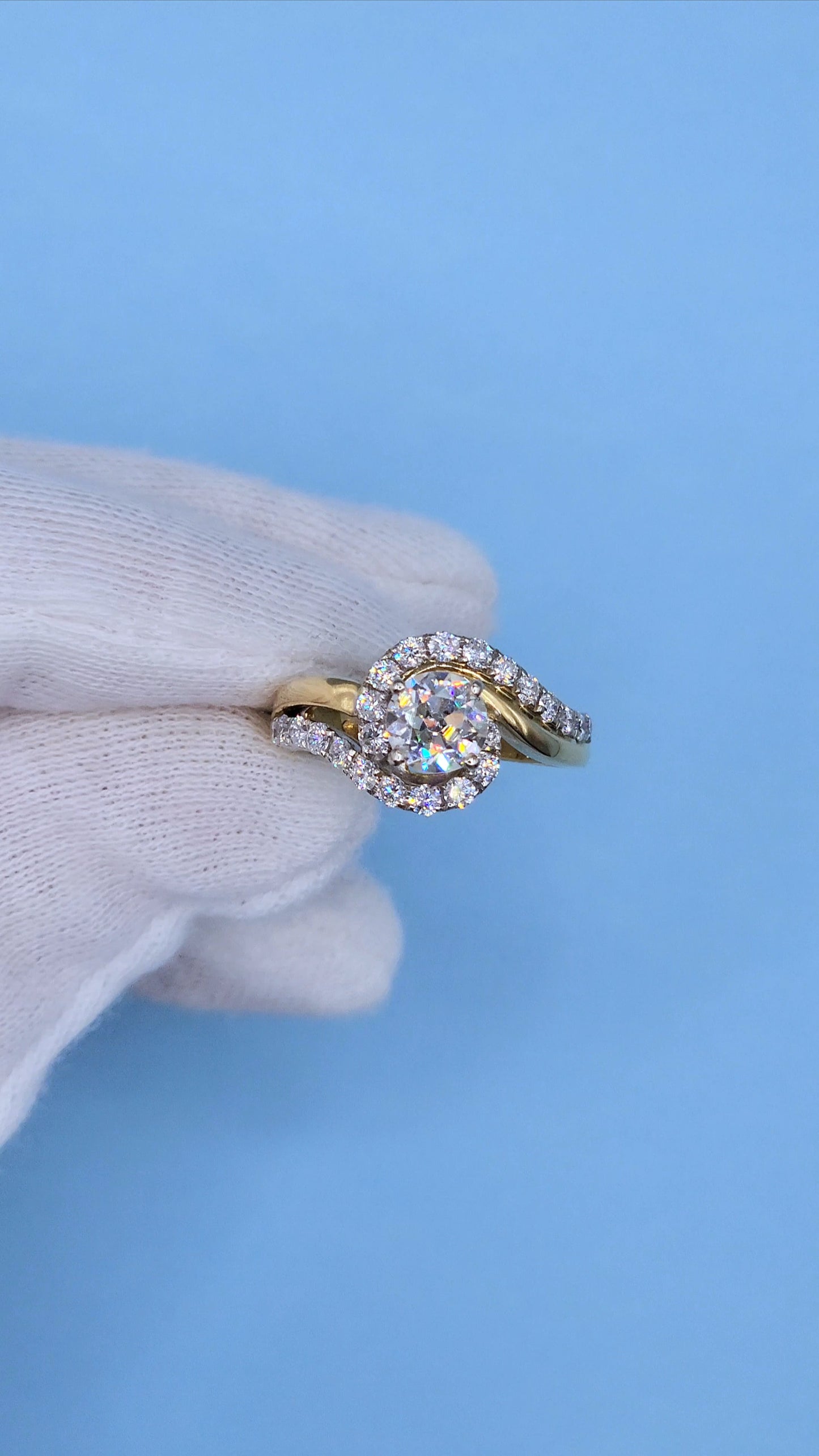 14k Two-Tone Gold Bypass Ring with 0.91 ct Old European Cut Diamond and Natural Diamond Accents