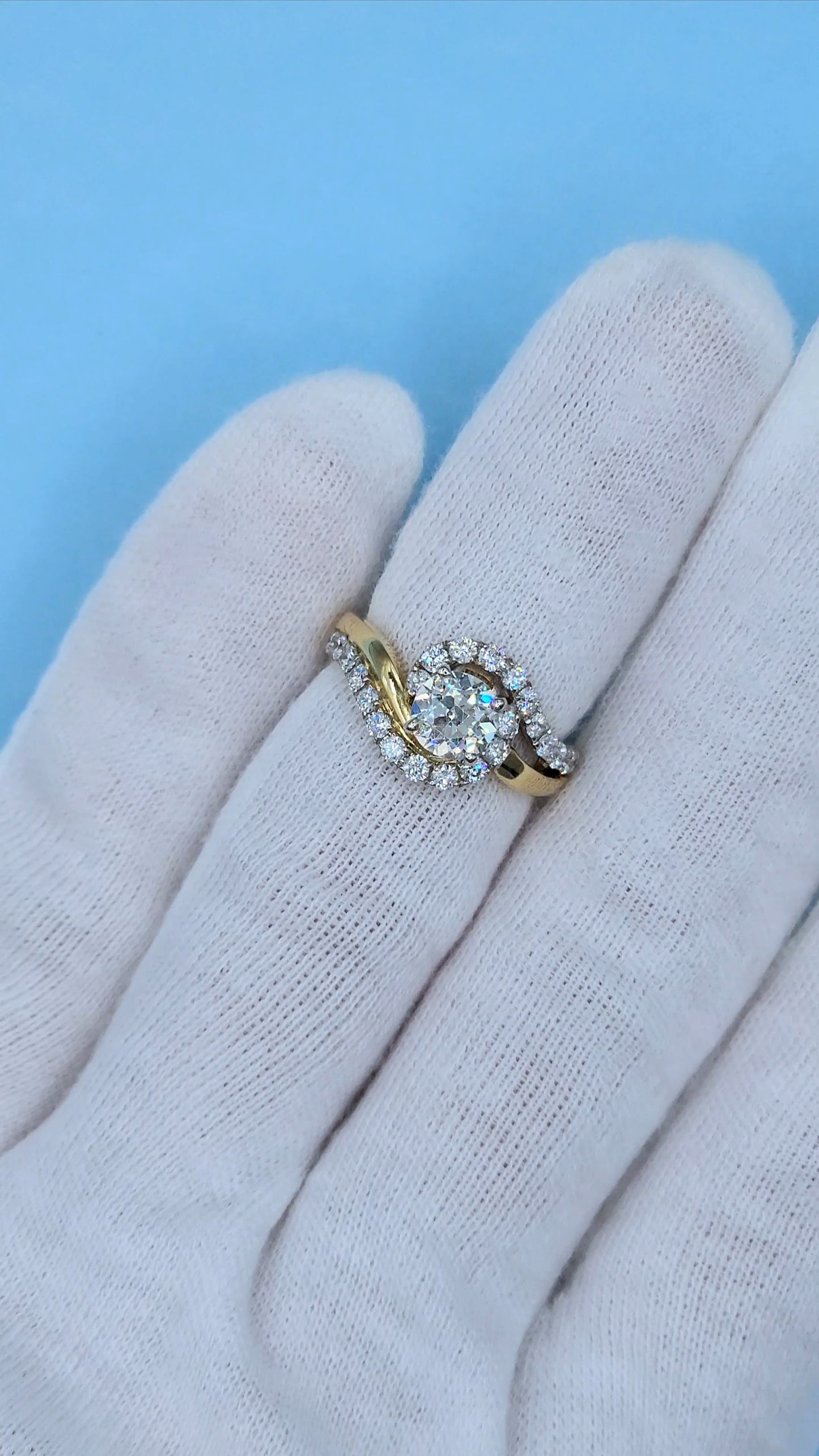 14k Two-Tone Gold Bypass Ring with 0.91 ct Old European Cut Diamond and Natural Diamond Accents