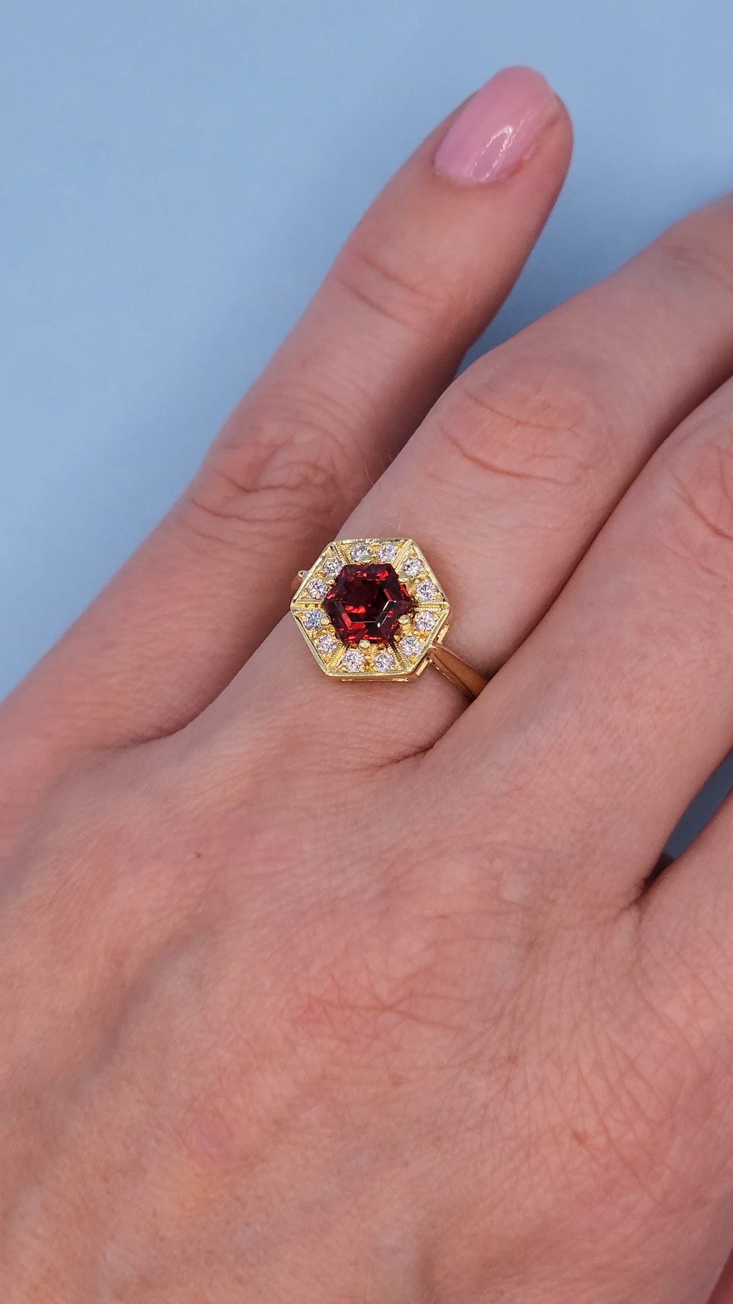 0.80 ct Octagon Cut Garnet Engagement Ring with Diamond Halo in 18k Yellow Gold
