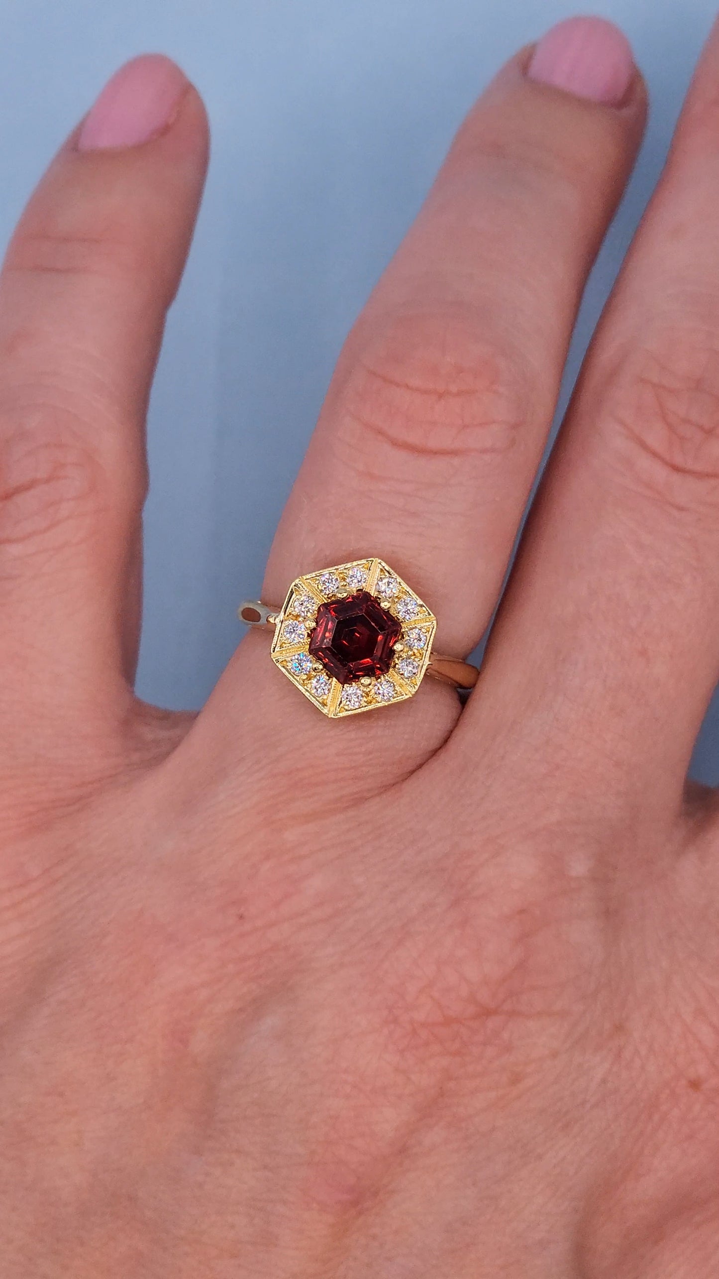 0.80 ct Octagon Cut Garnet Engagement Ring with Diamond Halo in 18k Yellow Gold