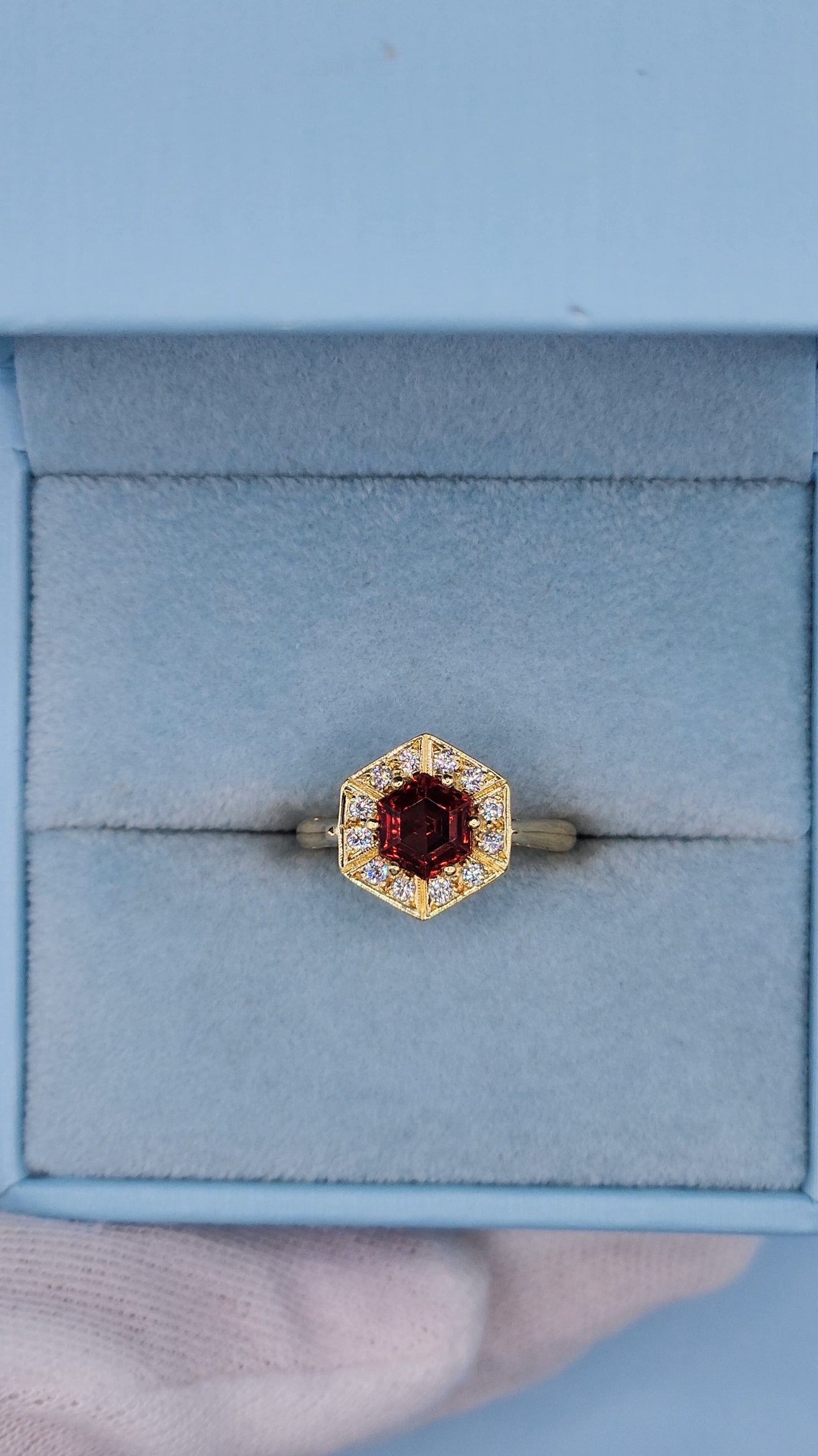 0.80 ct Octagon Cut Garnet Engagement Ring with Diamond Halo in 18k Yellow Gold
