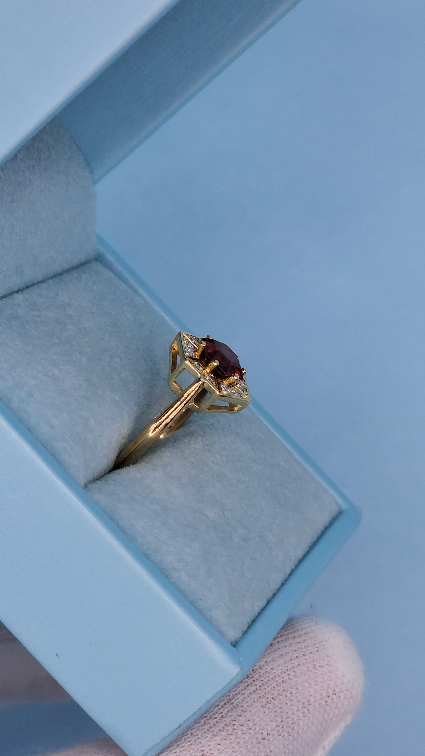 0.80 ct Octagon Cut Garnet Engagement Ring with Diamond Halo in 18k Yellow Gold