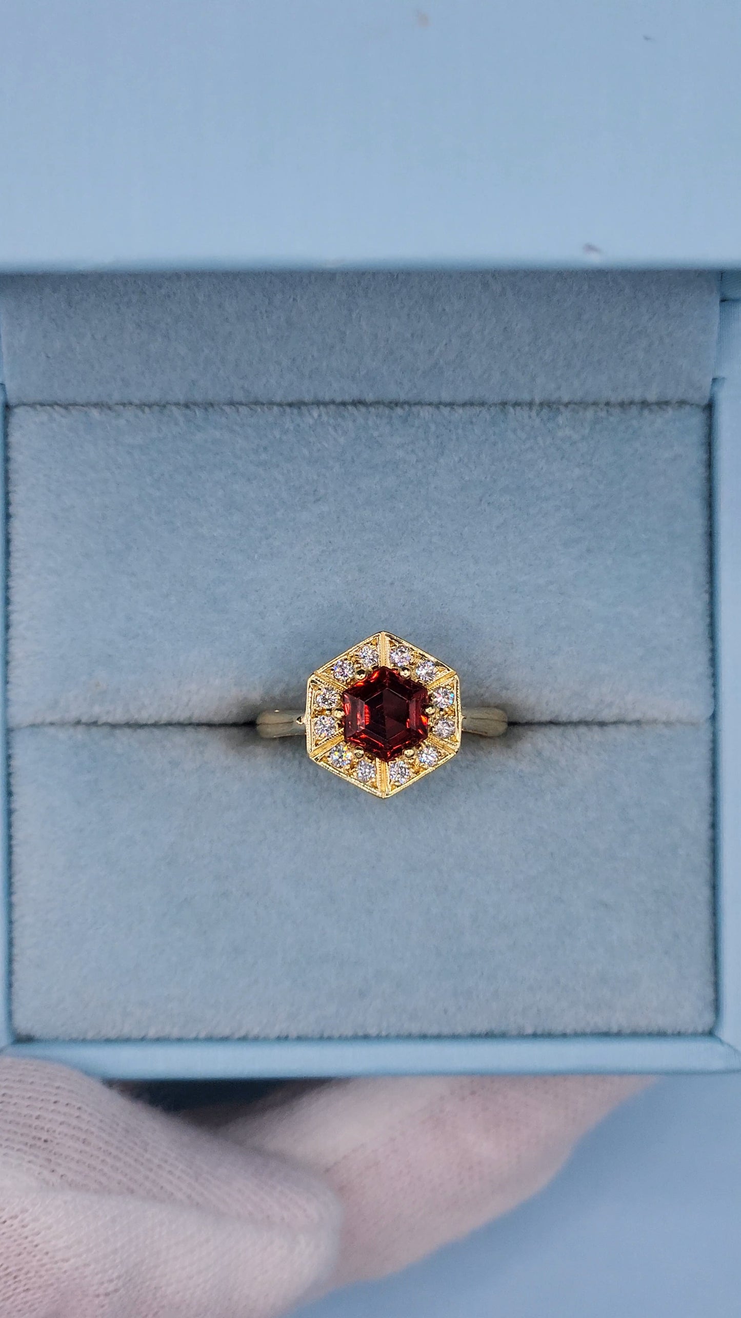 0.80 ct Octagon Cut Garnet Engagement Ring with Diamond Halo in 18k Yellow Gold