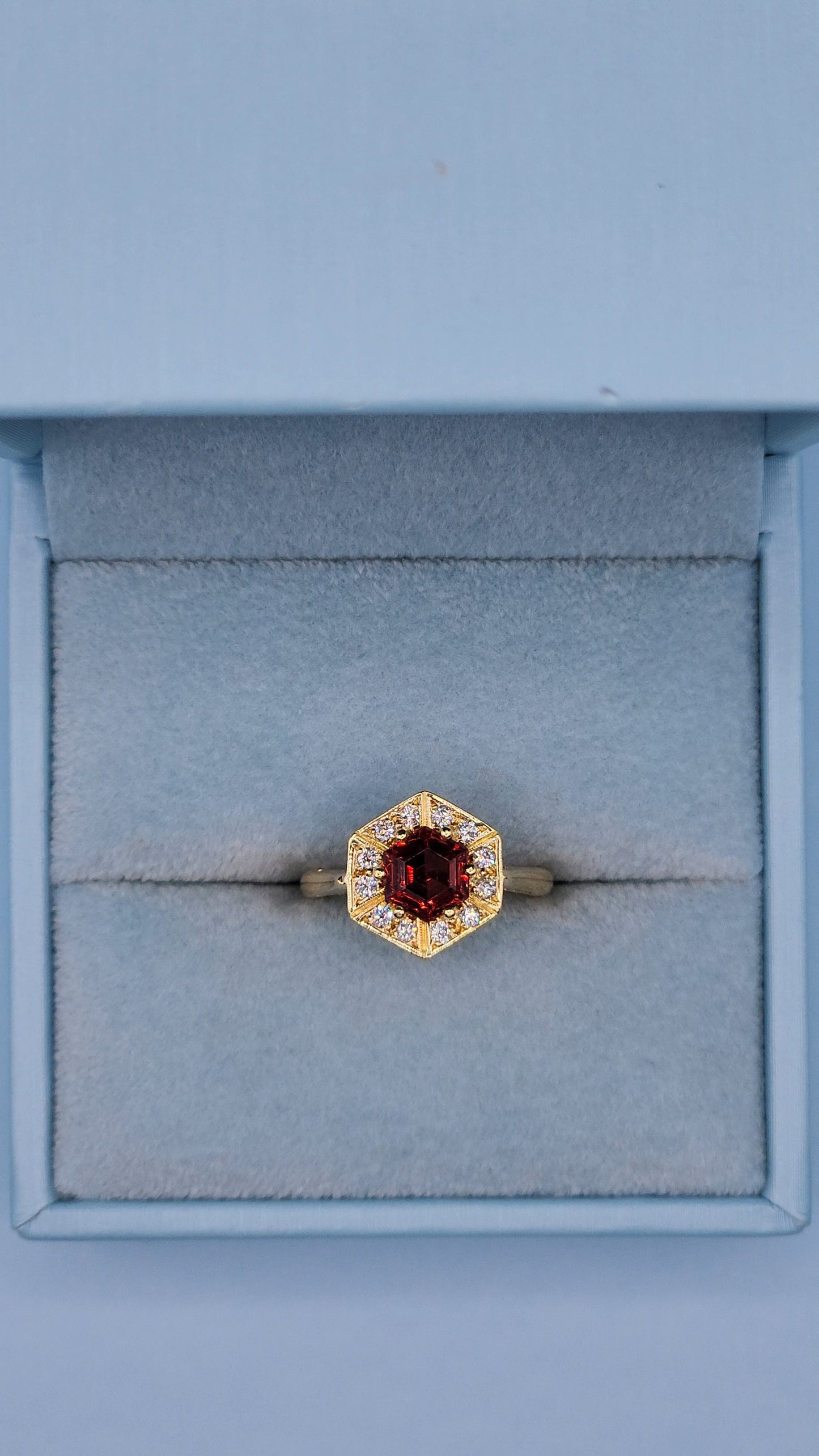 0.80 ct Octagon Cut Garnet Engagement Ring with Diamond Halo in 18k Yellow Gold