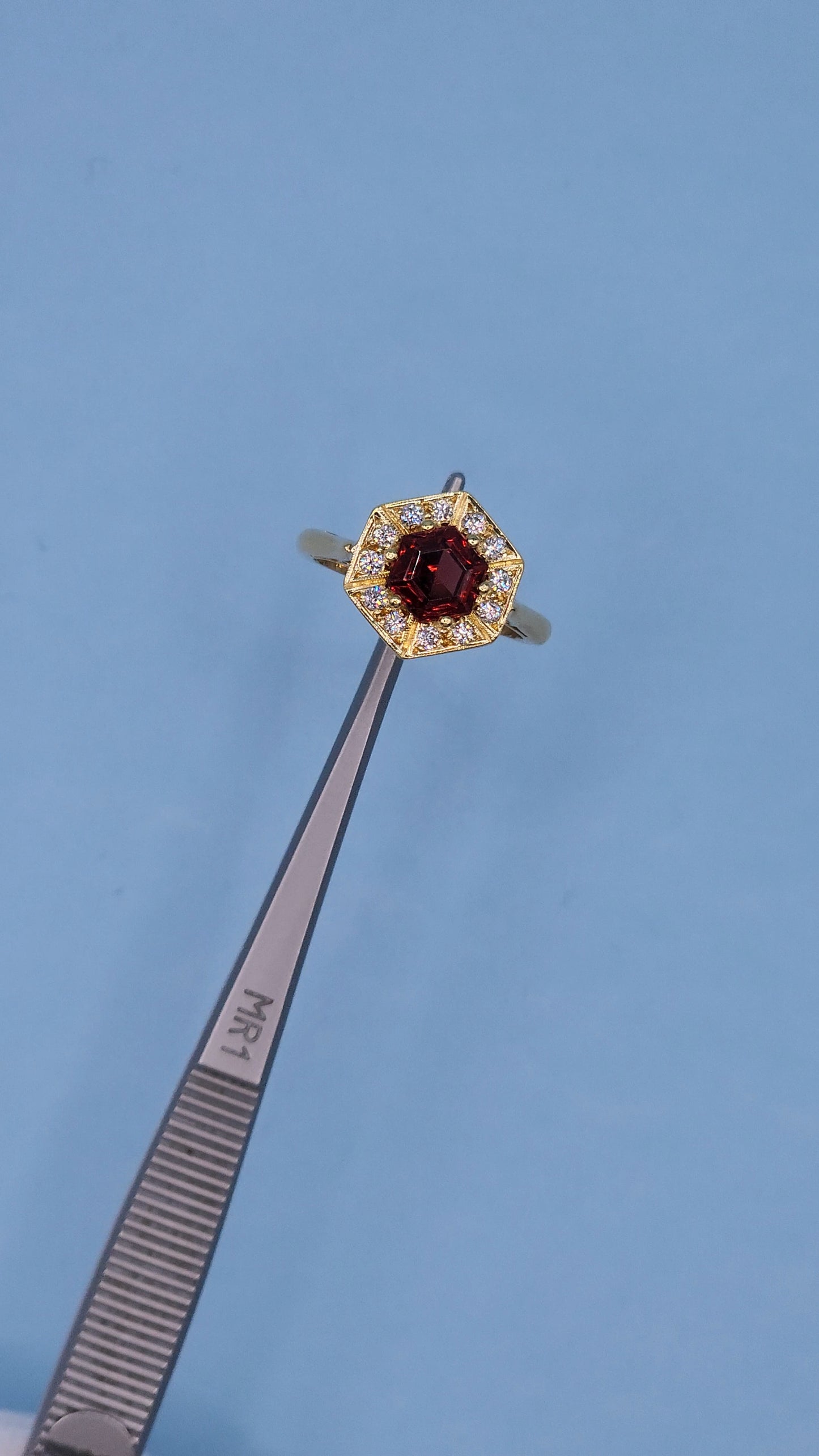 0.80 ct Octagon Cut Garnet Engagement Ring with Diamond Halo in 18k Yellow Gold