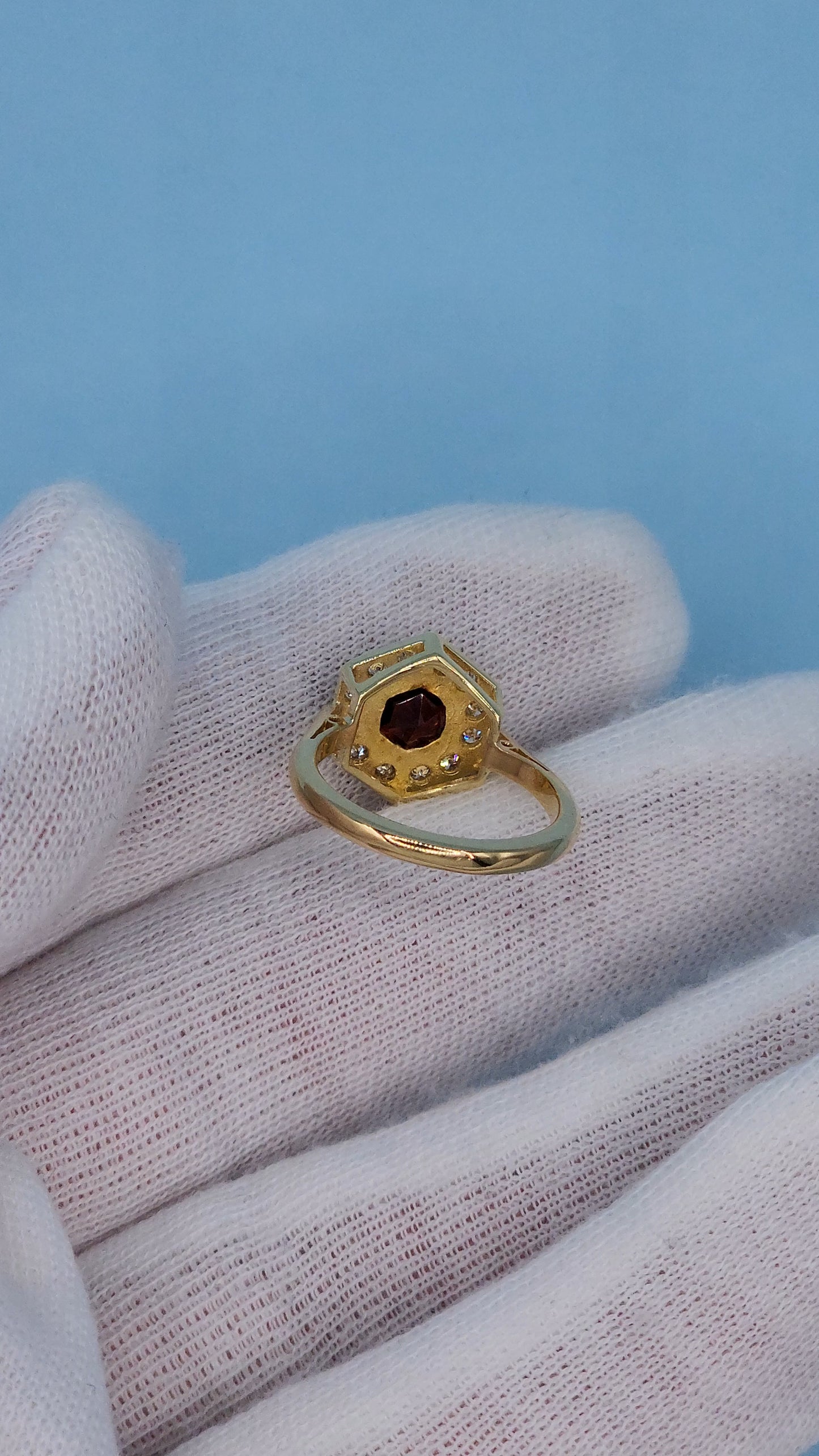 0.80 ct Octagon Cut Garnet Engagement Ring with Diamond Halo in 18k Yellow Gold