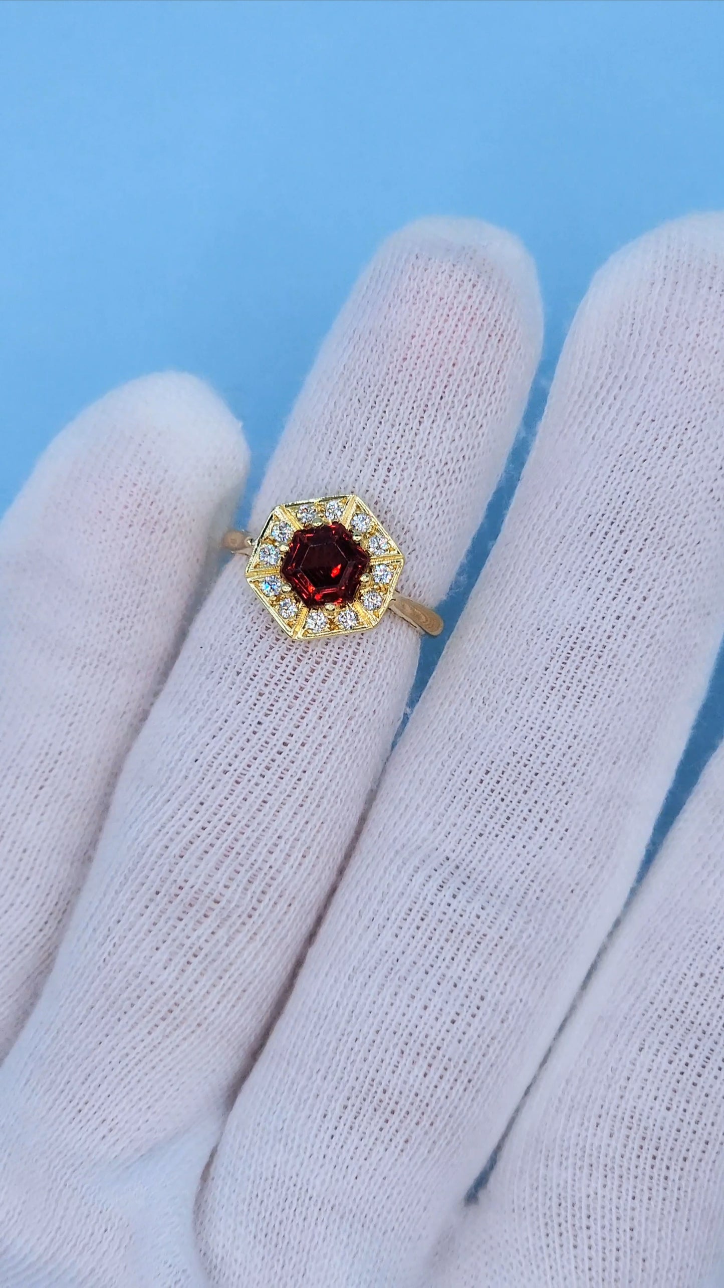 0.80 ct Octagon Cut Garnet Engagement Ring with Diamond Halo in 18k Yellow Gold