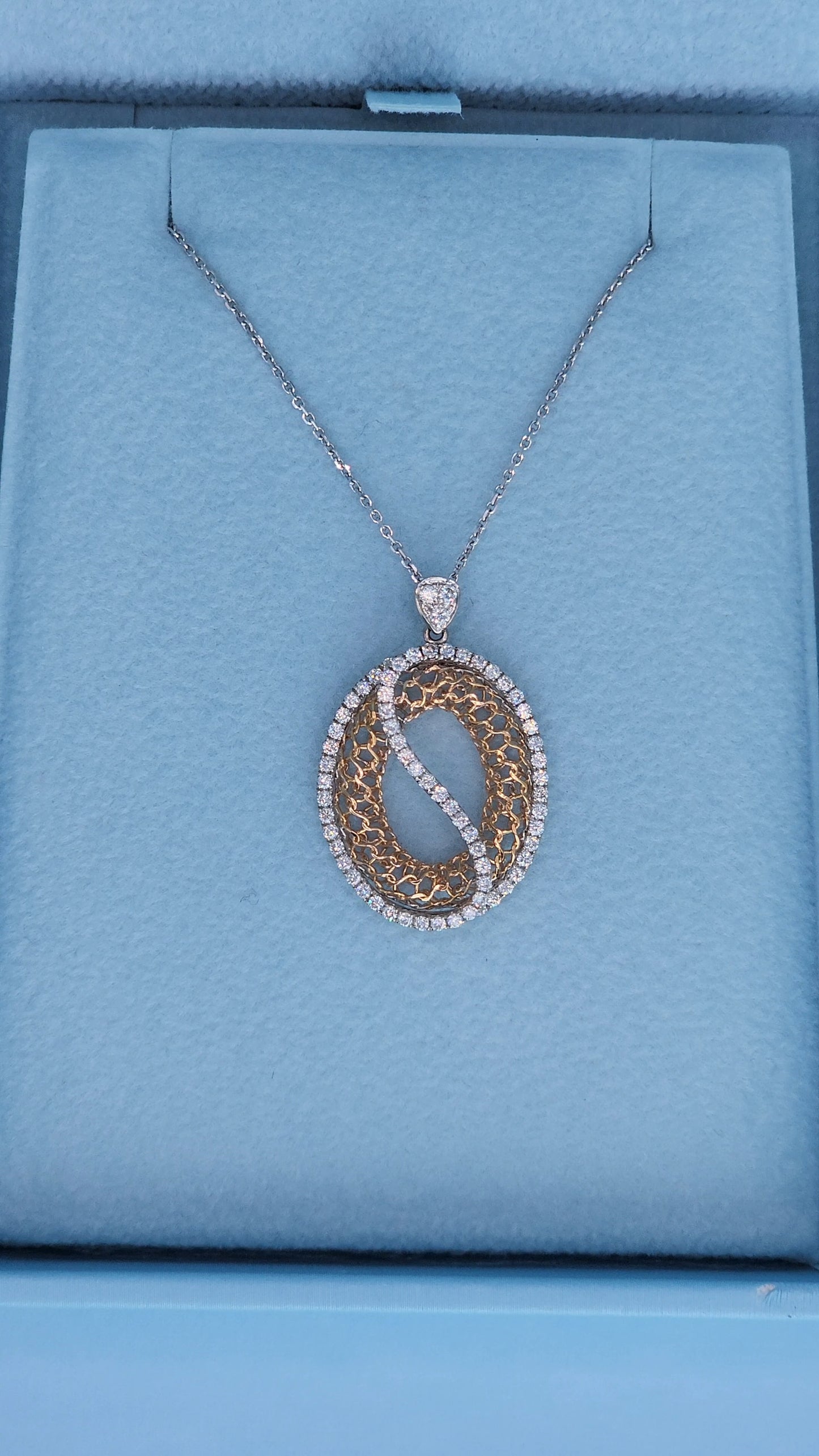 Zeghani 14k White and Rose Gold Open Diamond Pendant Front View