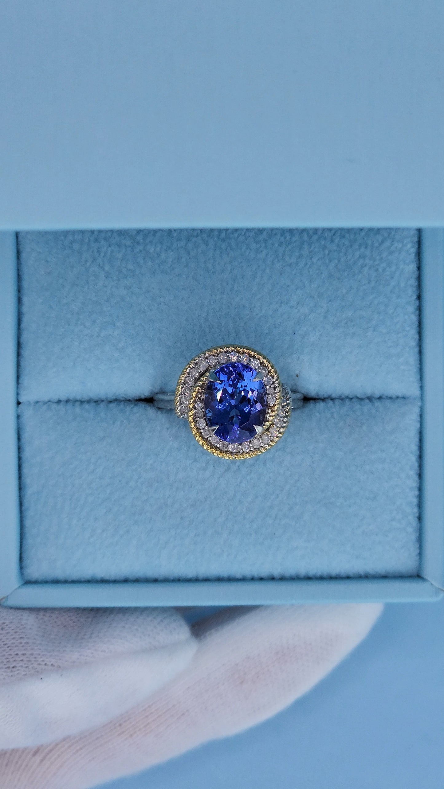 10k White Gold Halo Ring with 2.98 Carat Oval Tanzanite Wrapped in Yellow Rope Design and Diamonds – Size 6