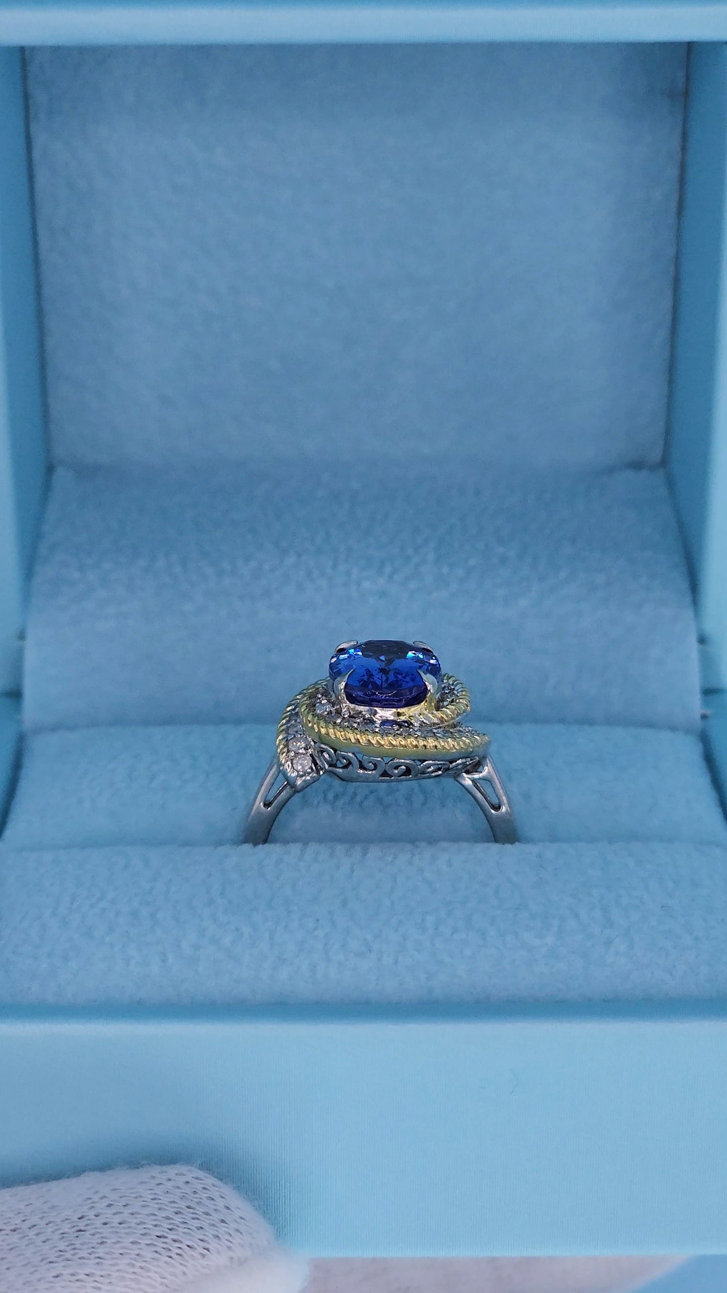 10k White Gold Halo Ring with 2.98 Carat Oval Tanzanite Wrapped in Yellow Rope Design and Diamonds – Size 6