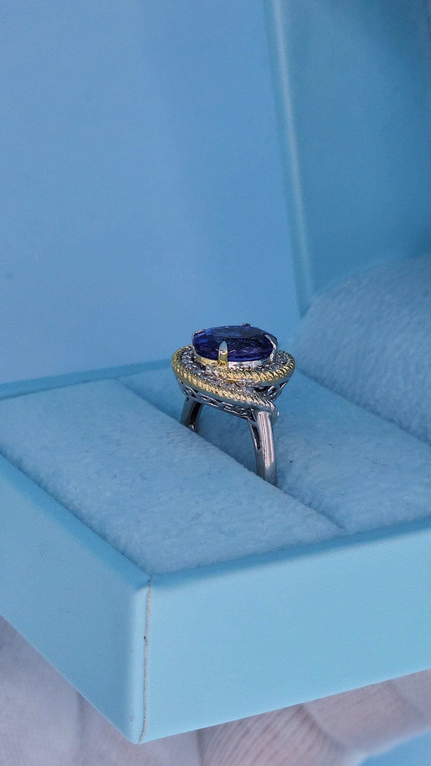 10k White Gold Halo Ring with 2.98 Carat Oval Tanzanite Wrapped in Yellow Rope Design and Diamonds – Size 6