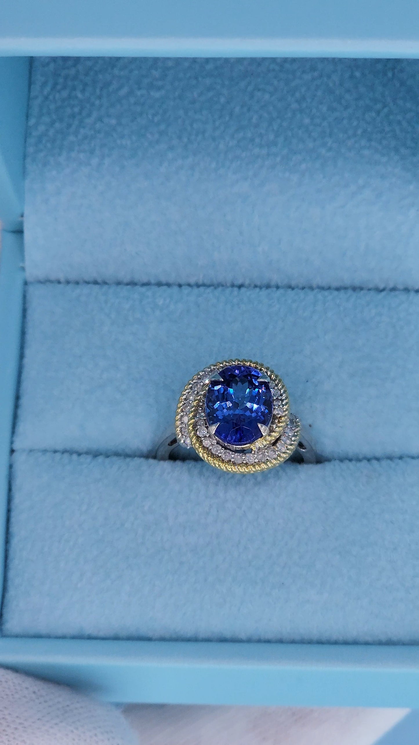 10k White Gold Halo Ring with 2.98 Carat Oval Tanzanite Wrapped in Yellow Rope Design and Diamonds – Size 6