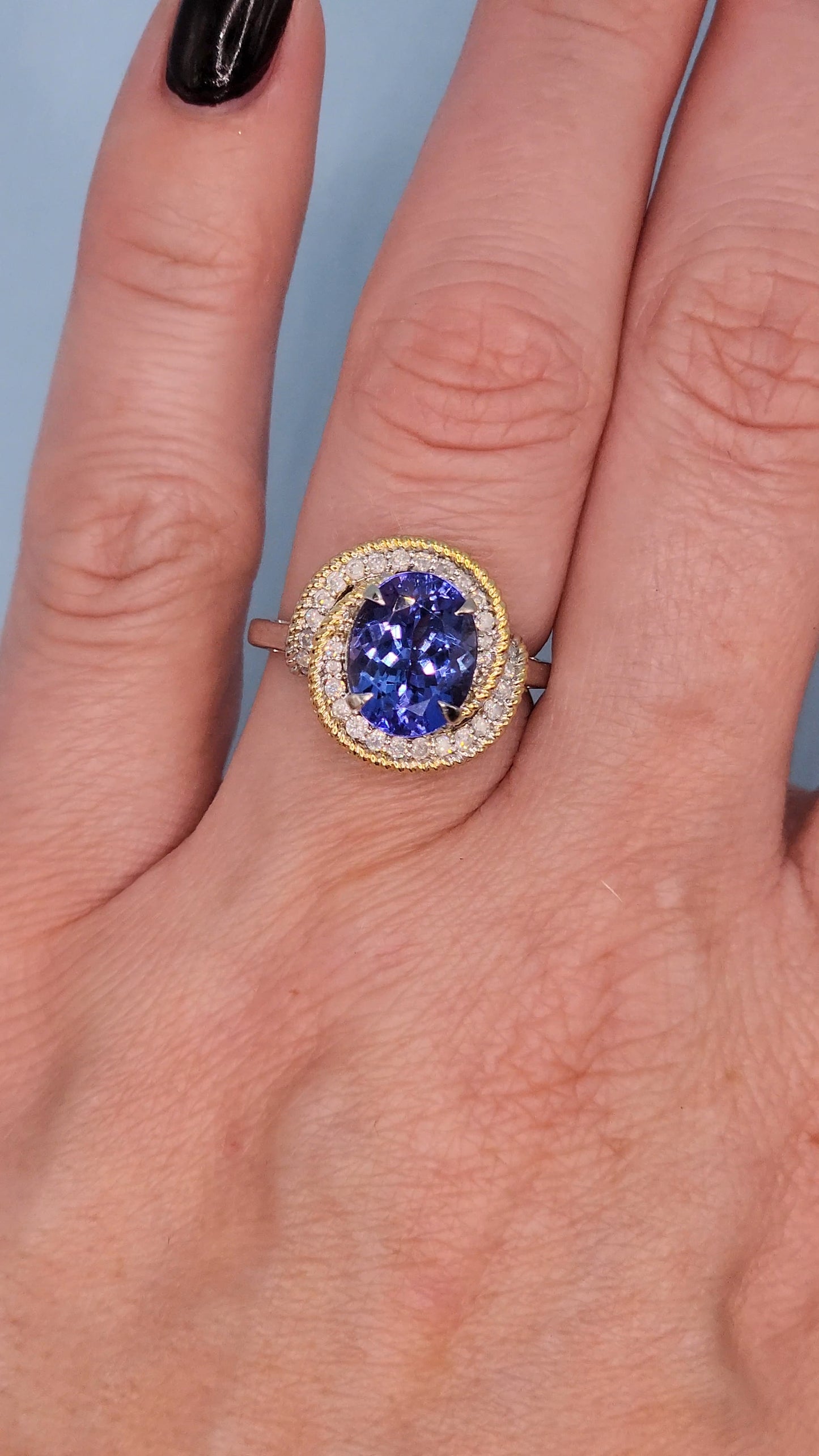 10k White Gold Halo Ring with 2.98 Carat Oval Tanzanite Wrapped in Yellow Rope Design and Diamonds – Size 6