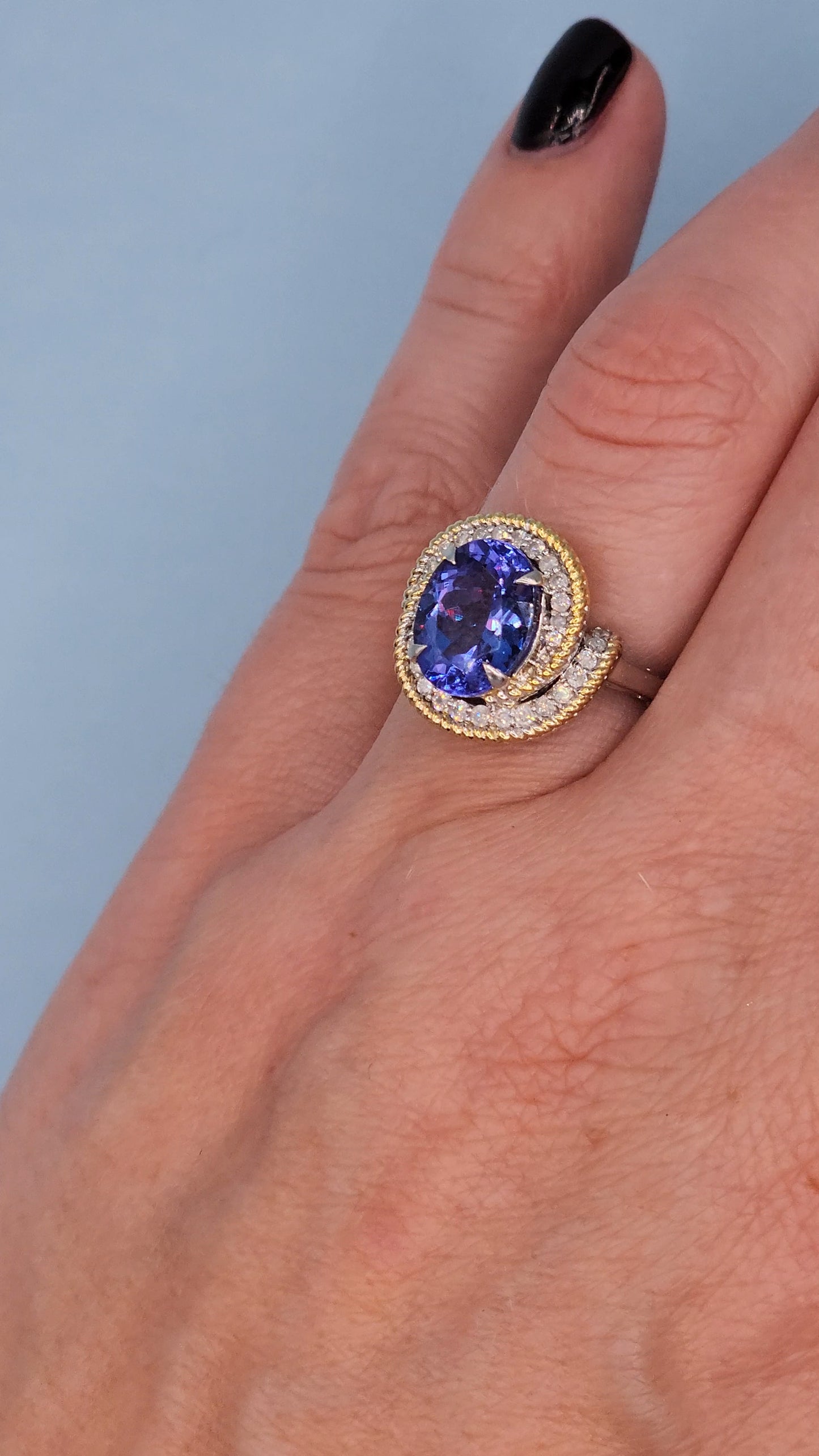 10k White Gold Halo Ring with 2.98 Carat Oval Tanzanite Wrapped in Yellow Rope Design and Diamonds – Size 6