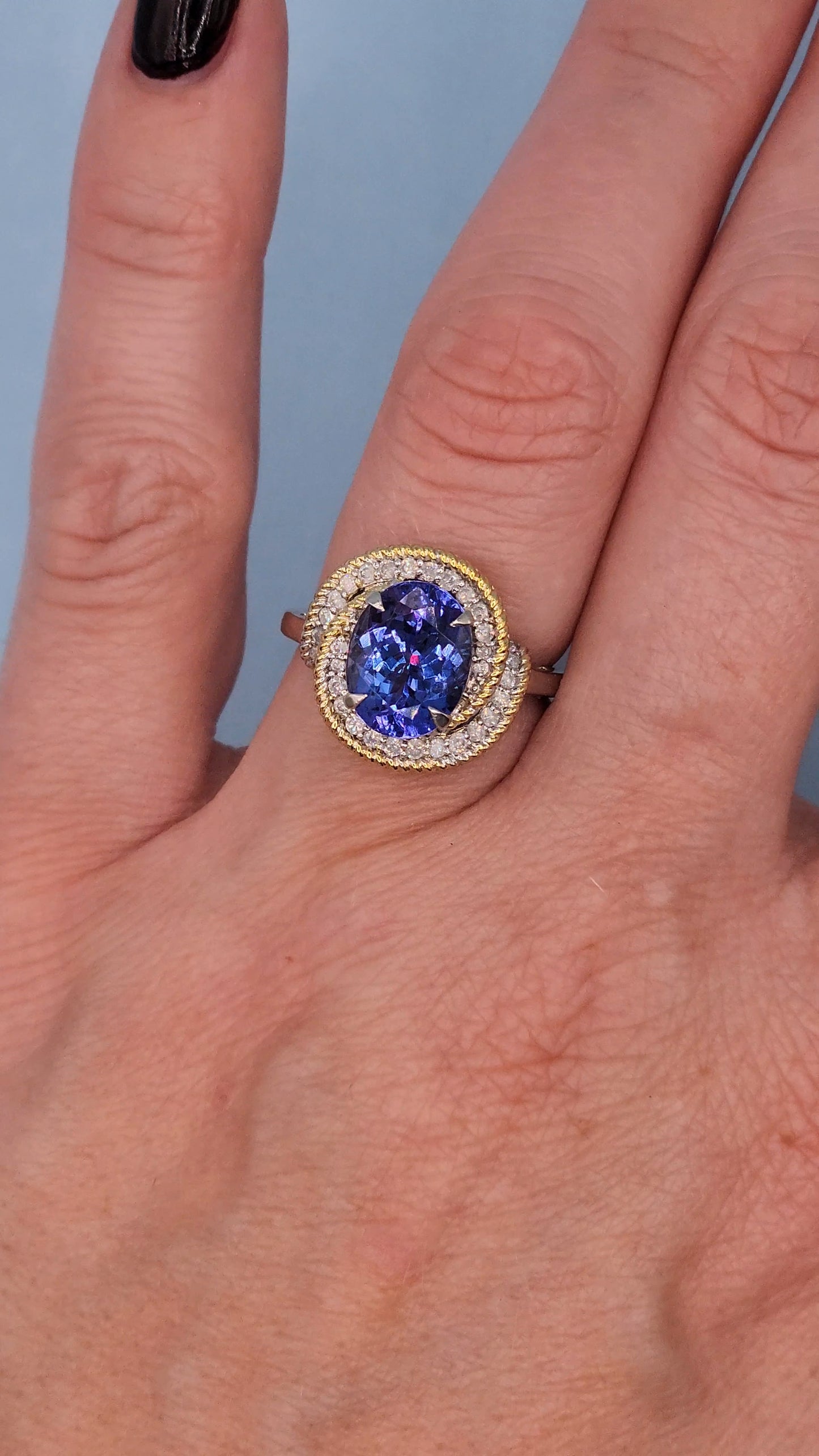 10k White Gold Halo Ring with 2.98 Carat Oval Tanzanite Wrapped in Yellow Rope Design and Diamonds – Size 6