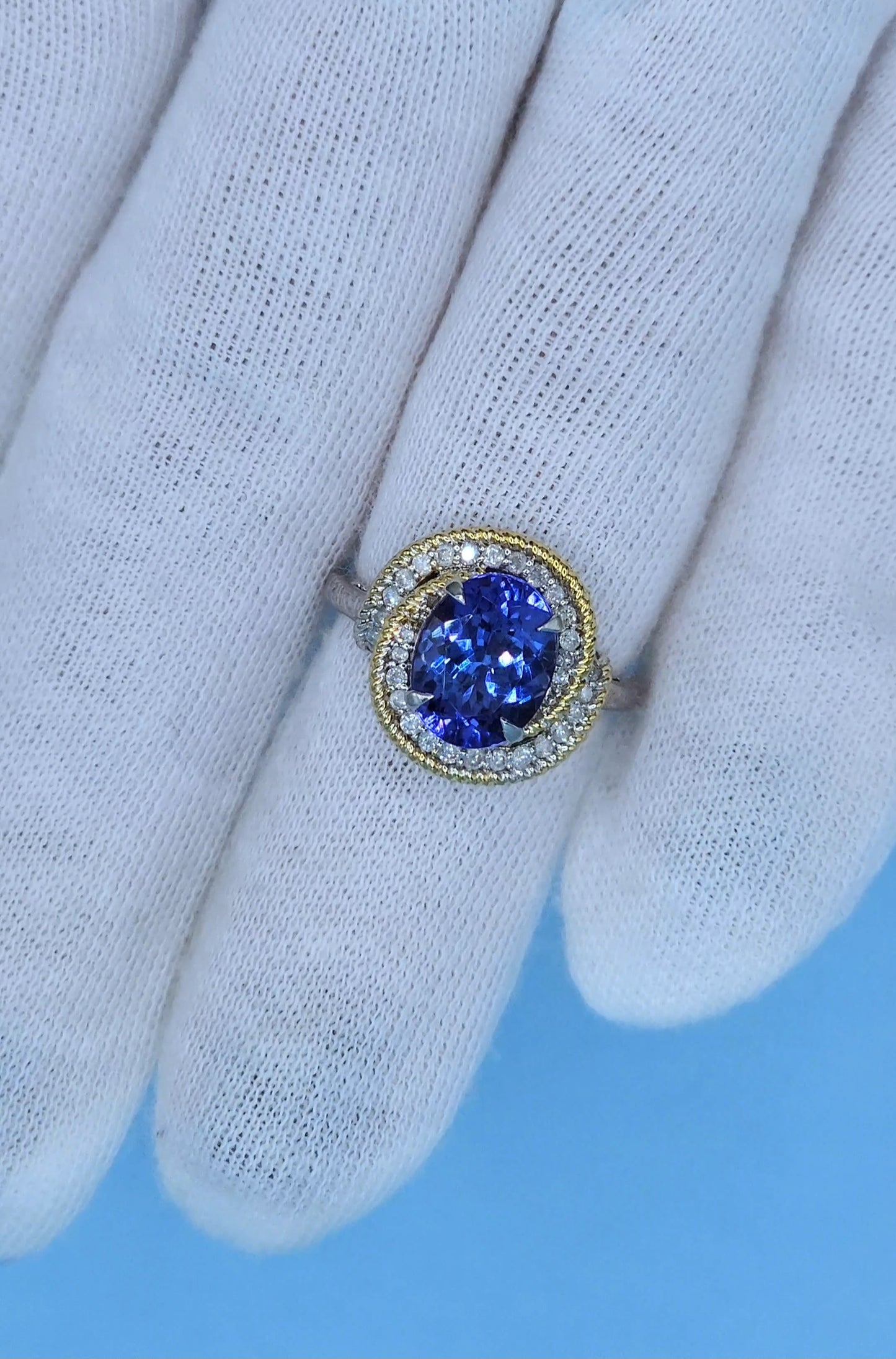 10k White Gold Halo Ring with 2.98 Carat Oval Tanzanite Wrapped in Yellow Rope Design and Diamonds – Size 6