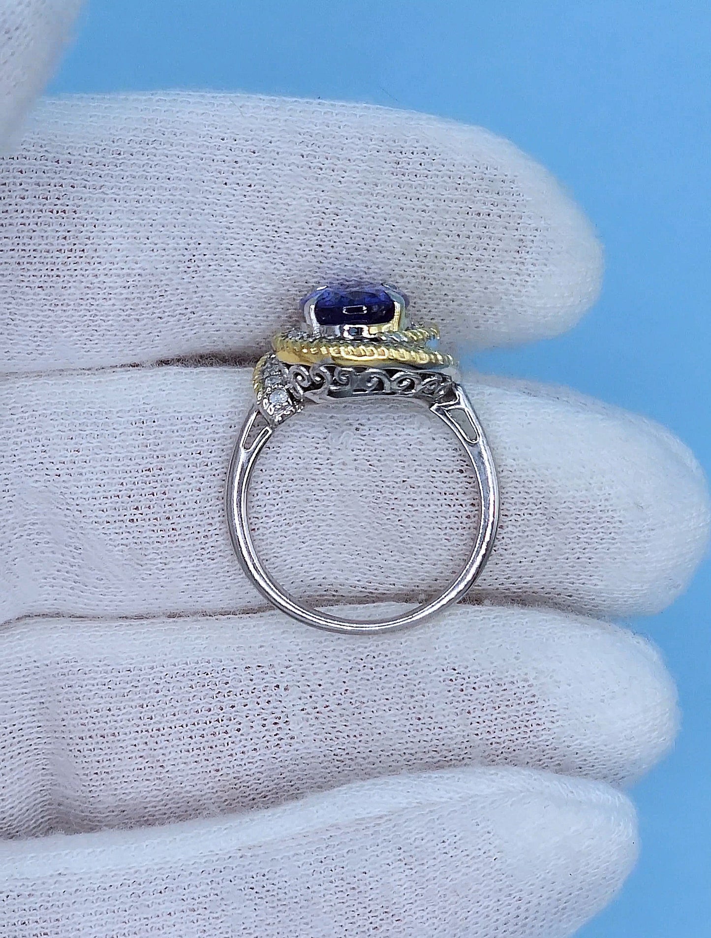 10k White Gold Halo Ring with 2.98 Carat Oval Tanzanite Wrapped in Yellow Rope Design and Diamonds – Size 6