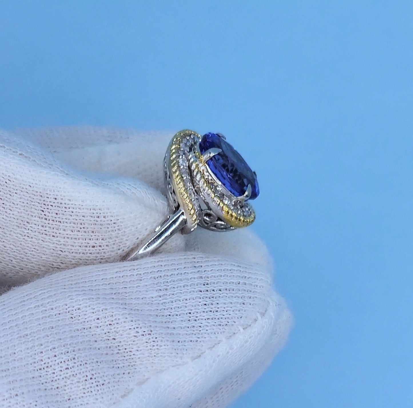 10k White Gold Halo Ring with 2.98 Carat Oval Tanzanite Wrapped in Yellow Rope Design and Diamonds – Size 6