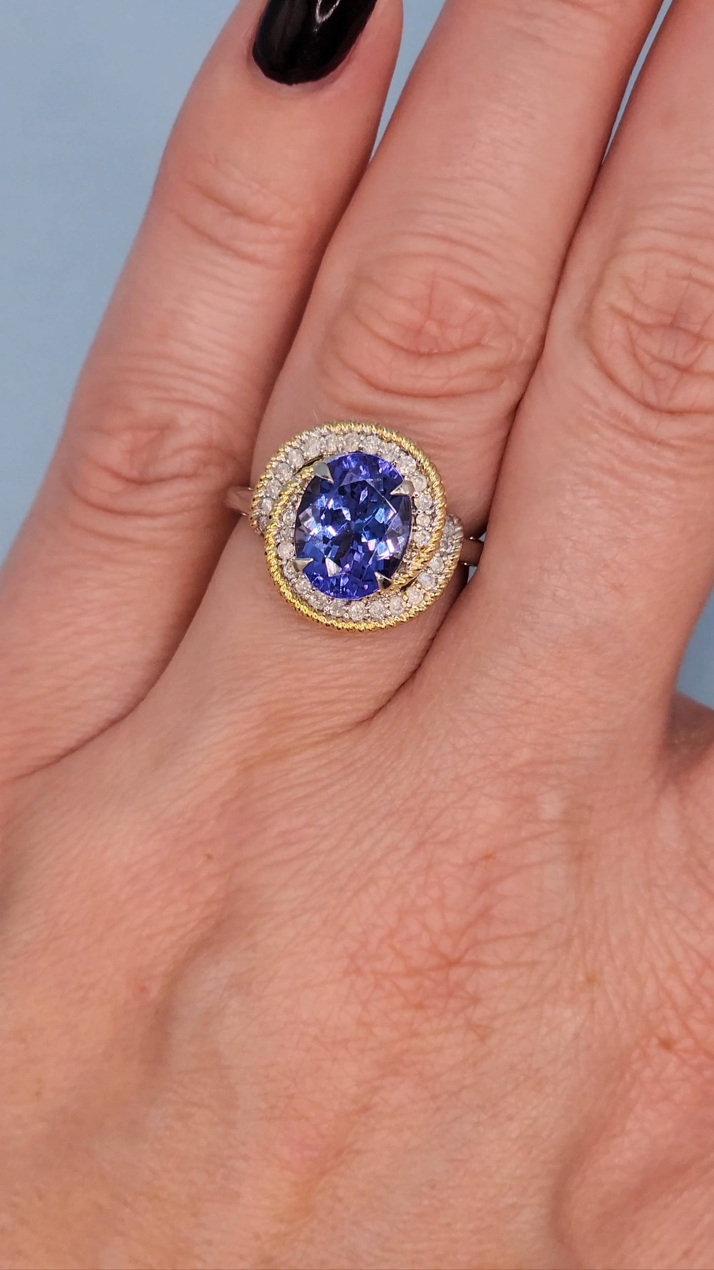 10k White Gold Halo Ring with 2.98 Carat Oval Tanzanite Wrapped in Yellow Rope Design and Diamonds – Size 6