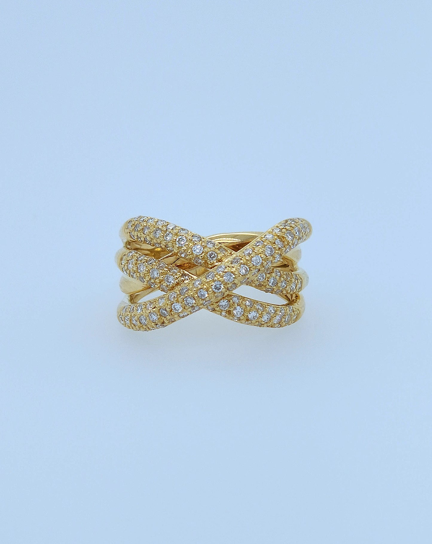 18k Yellow Gold Wide Crossover Pave Diamond Ring – Bold & Elegant Design
