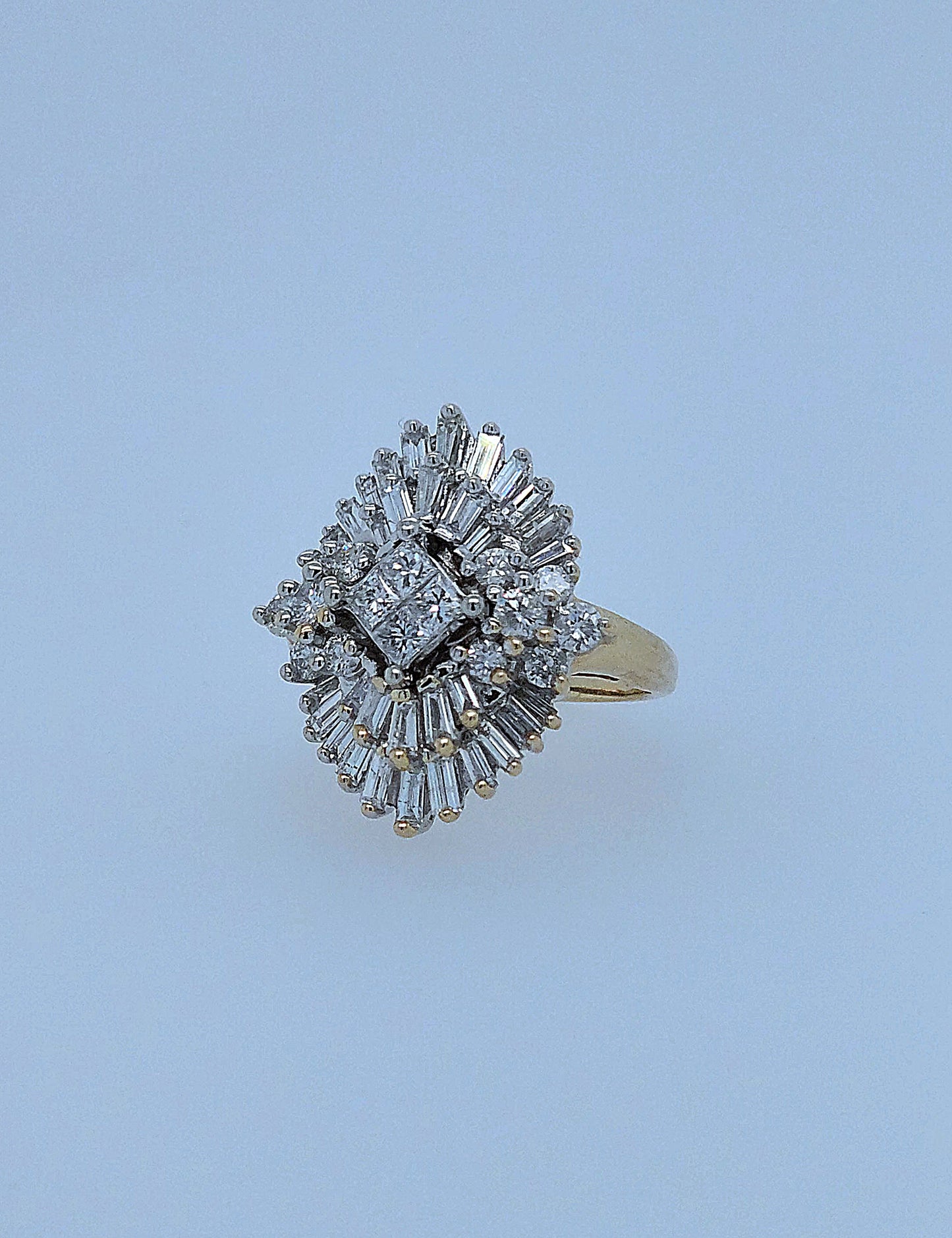 14k Yellow and White Gold Diamond Cocktail Cluster Ring – 1.5 Carat Approx. Princess, Baguette, and Round Diamonds, Statement Cocktail Ring