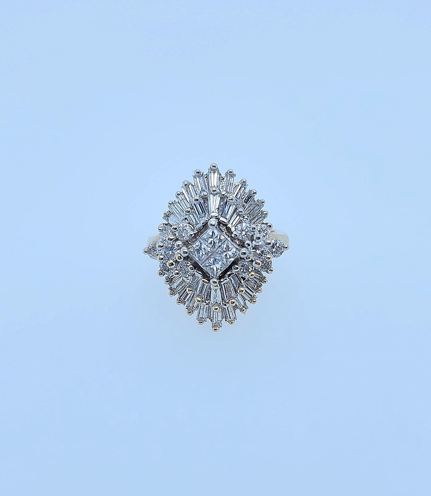 14k Yellow and White Gold Diamond Cocktail Cluster Ring – 1.5 Carat Approx. Princess, Baguette, and Round Diamonds, Statement Cocktail Ring
