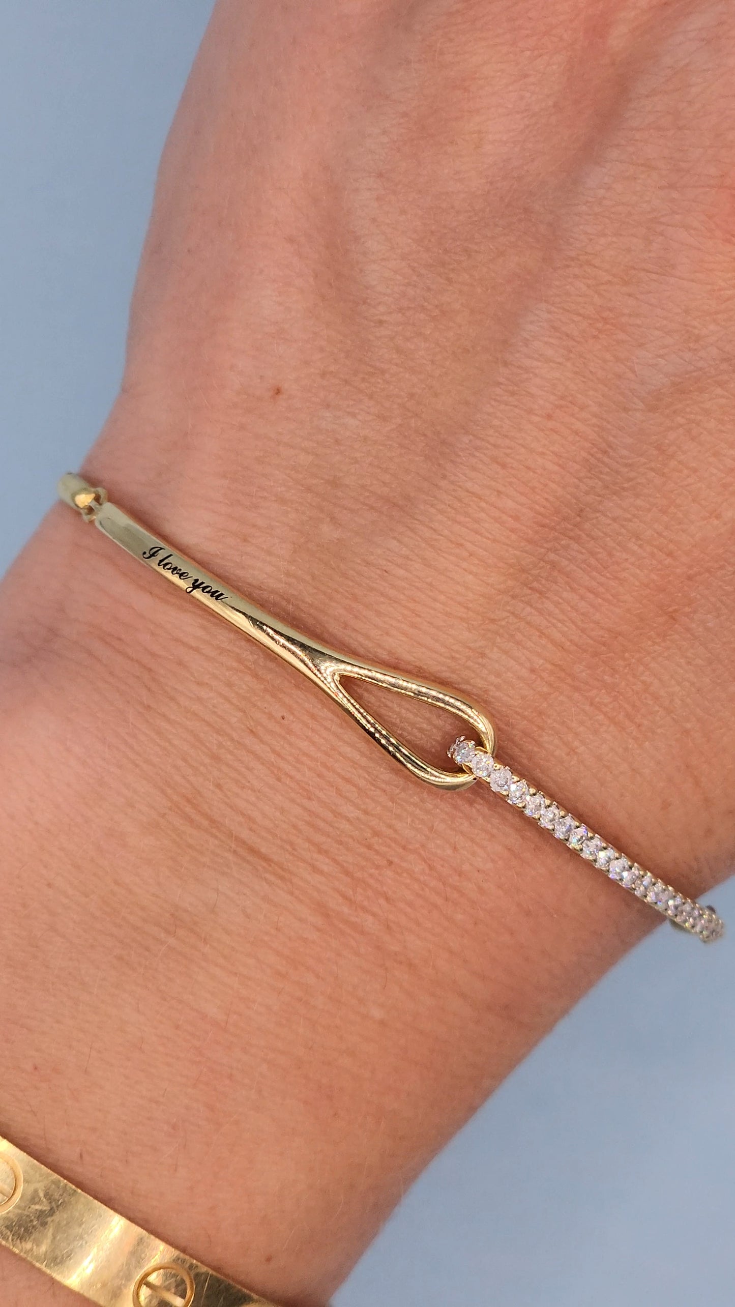 Rare 10k Yellow Gold Love + Be Loved Loop Bolo Bracelet with 1/4 Carat t.w. Diamonds and "I Love You" Engraving, Adjustable to 9.5 Inches