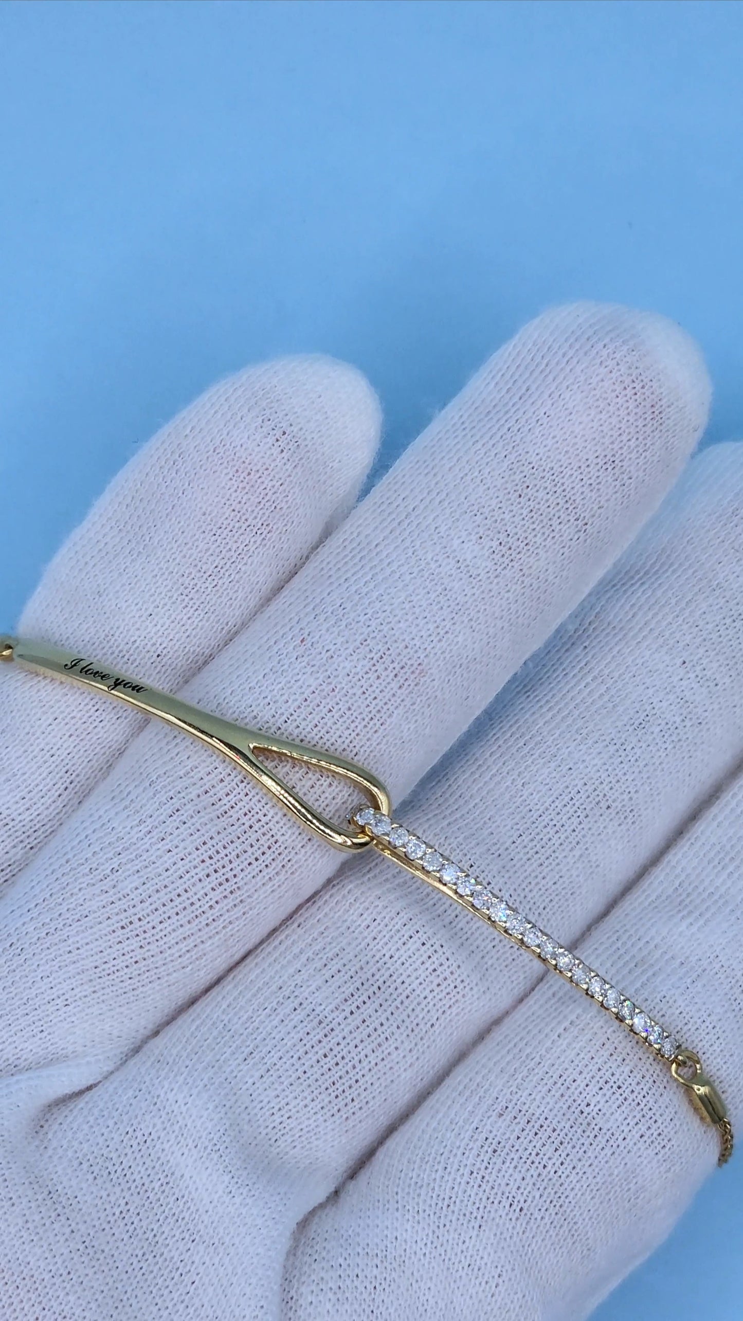 Rare 10k Yellow Gold Love + Be Loved Loop Bolo Bracelet with 1/4 Carat t.w. Diamonds and "I Love You" Engraving, Adjustable to 9.5 Inches