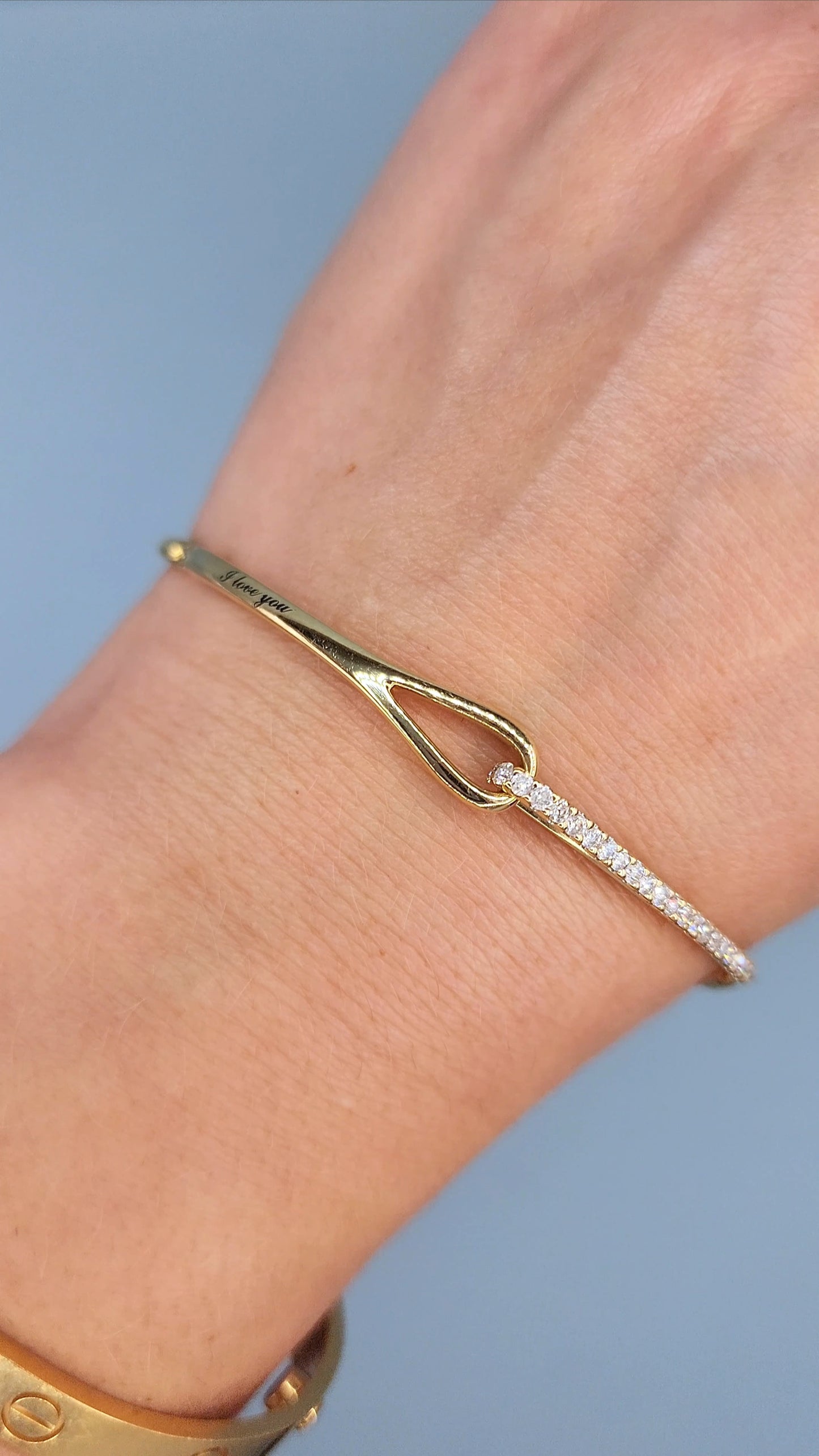 Rare 10k Yellow Gold Love + Be Loved Loop Bolo Bracelet with 1/4 Carat t.w. Diamonds and "I Love You" Engraving, Adjustable to 9.5 Inches