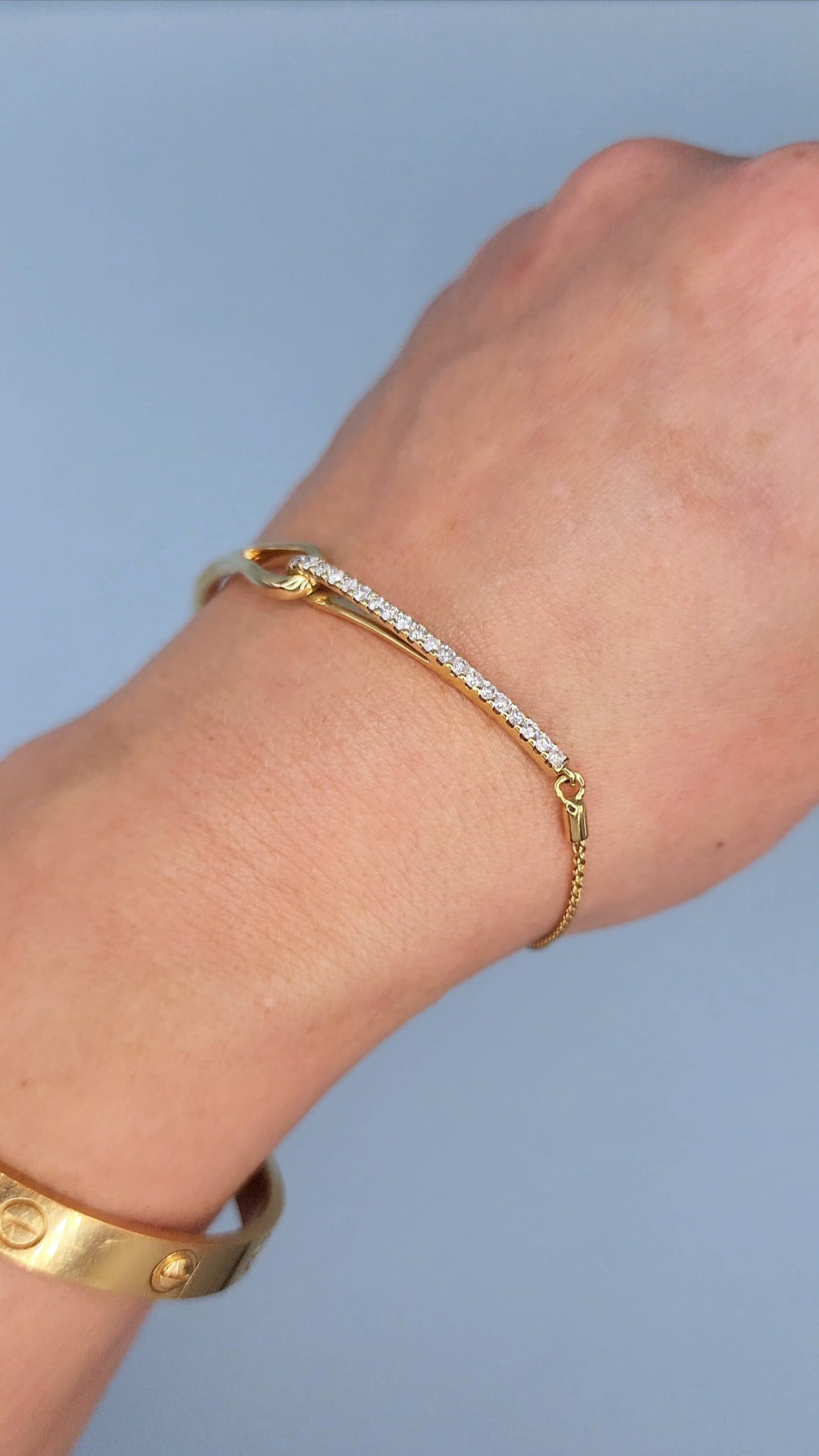 Rare 10k Yellow Gold Love + Be Loved Loop Bolo Bracelet with 1/4 Carat t.w. Diamonds and "I Love You" Engraving, Adjustable to 9.5 Inches